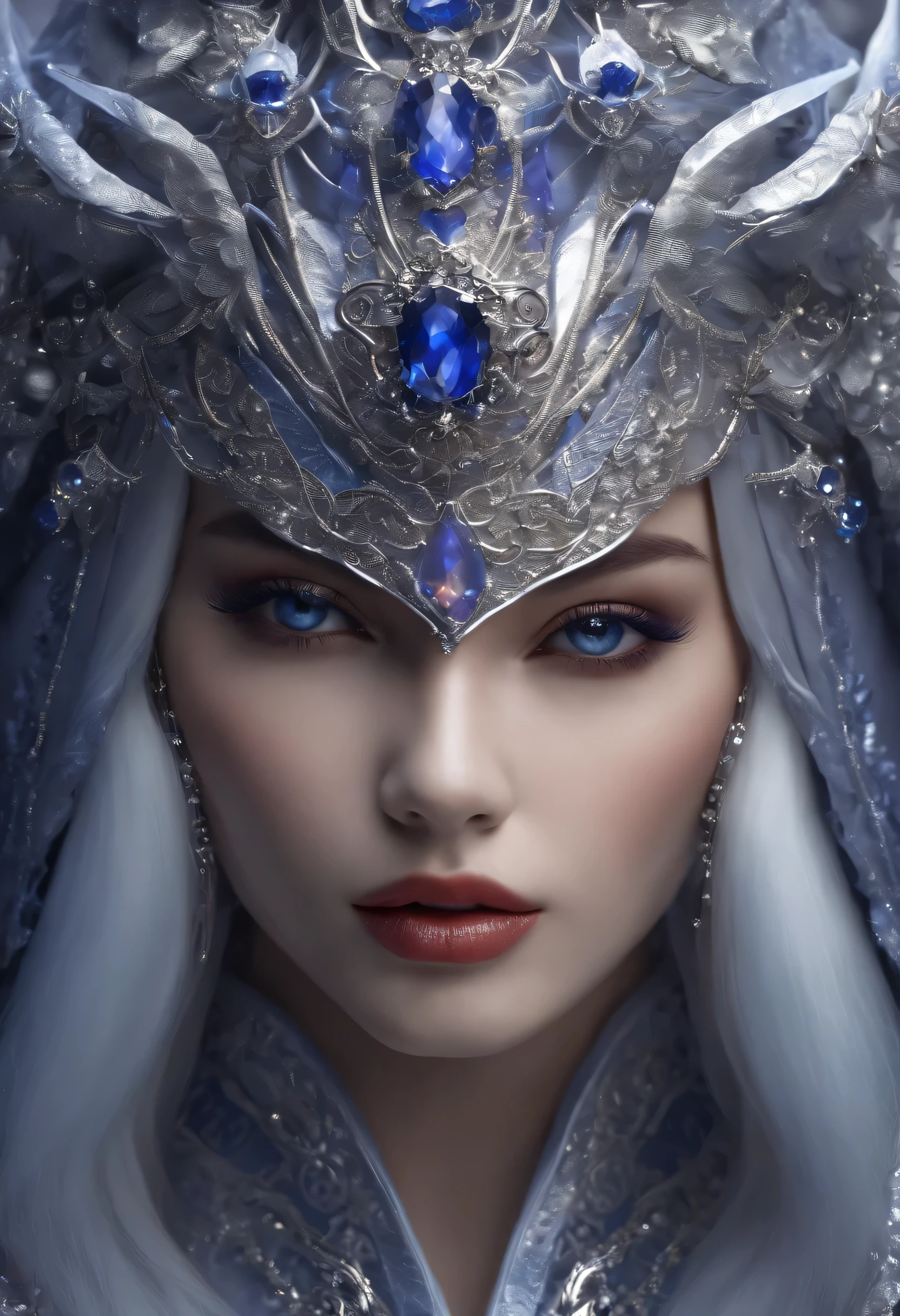 The beauty is wearing a white mecha with dazzling lights,(best quality, Detailed details, masterpiece, , 4K, Chiaroscuro,Photos are super realistic, Highly detailed Canon video )Face enhancement,Dark blue flowers ,Dark blue lace,Red lip glaze,Hairpin hanging down,The clothes are gorgeous and complicated,Complex and complicated background,blown up by the wind,Gradient hair,Silver hair,Purple Hair,Blue Hair,front Photo,Off-shoulder,8K,Sense of atmosphere,Stunning God Map,exquisite eyes,Beautiful face, looks,Moth to flame,