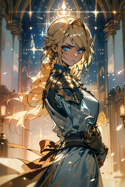 ((best quality)), ((masterpiece)), (detailed), perfect face, blonde hair, intricate braid, fierce eyes, blue eyes, leather armor, magic, mage, golden light, holy light, warrior, battle, looking back at the camera, sorrow in the eyes, 