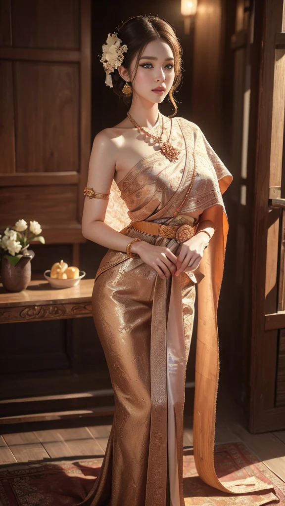 (raw photos:1.2), (realistic:1.4), (Masterpiece:1.3), (best quality:1.4), Ultra high resolution, (Detailed eyes), (Detailed facial features), (Detailed clothing features), HDR, 8K resolution, Focus only, Dressing according to Thai tradition, traditional shawl , 1 woman , Huge breasts, A gigantic rift, Big breasts push up clothes, big breast, fully grown breasts, small waist, Long legs, Facing the audience, Full body, depth of field, Cinema-grade lighting,