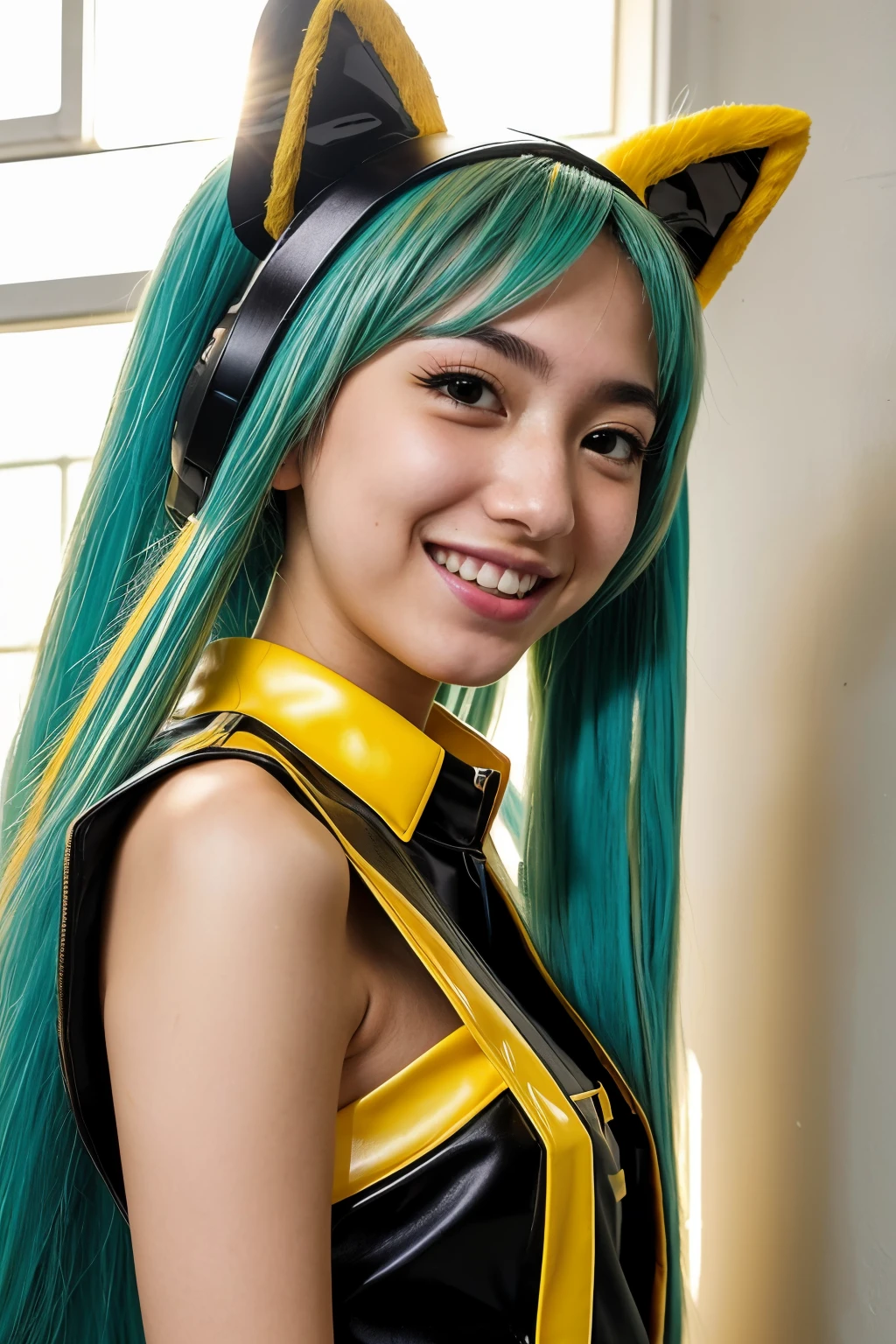 Instagram photo, portrait photo of beautiful teenage japanese-italian woman, cute face, ((Black & yellow Hatsune miku costume)), happy face, hard shadows, cinematic shot, dramatic lighting, (((slim, tall)))