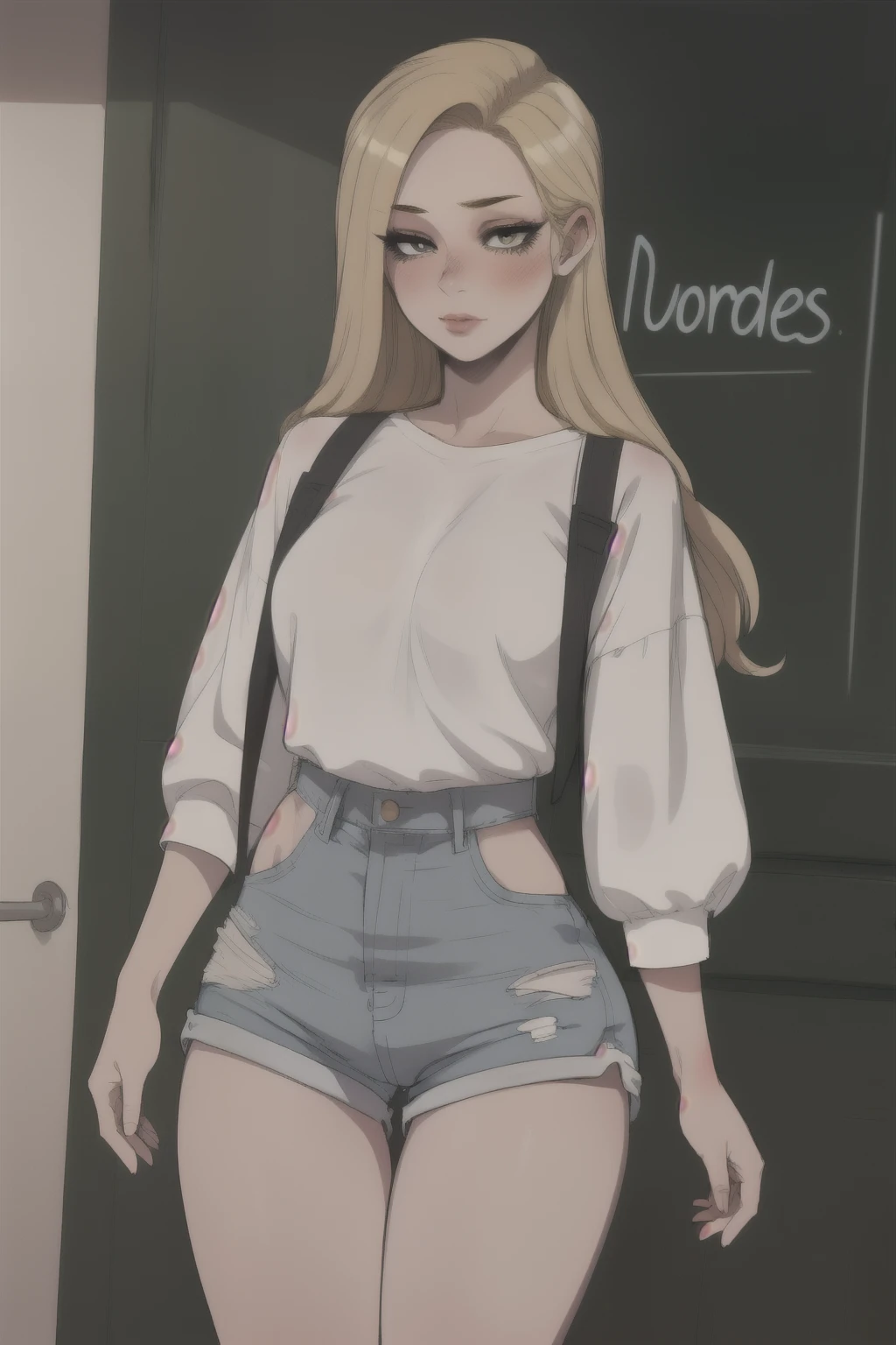 Girl with long blonde hair,, high waisted shorts, (realistic:1.4),, masterpiece, Best quality, very detailed