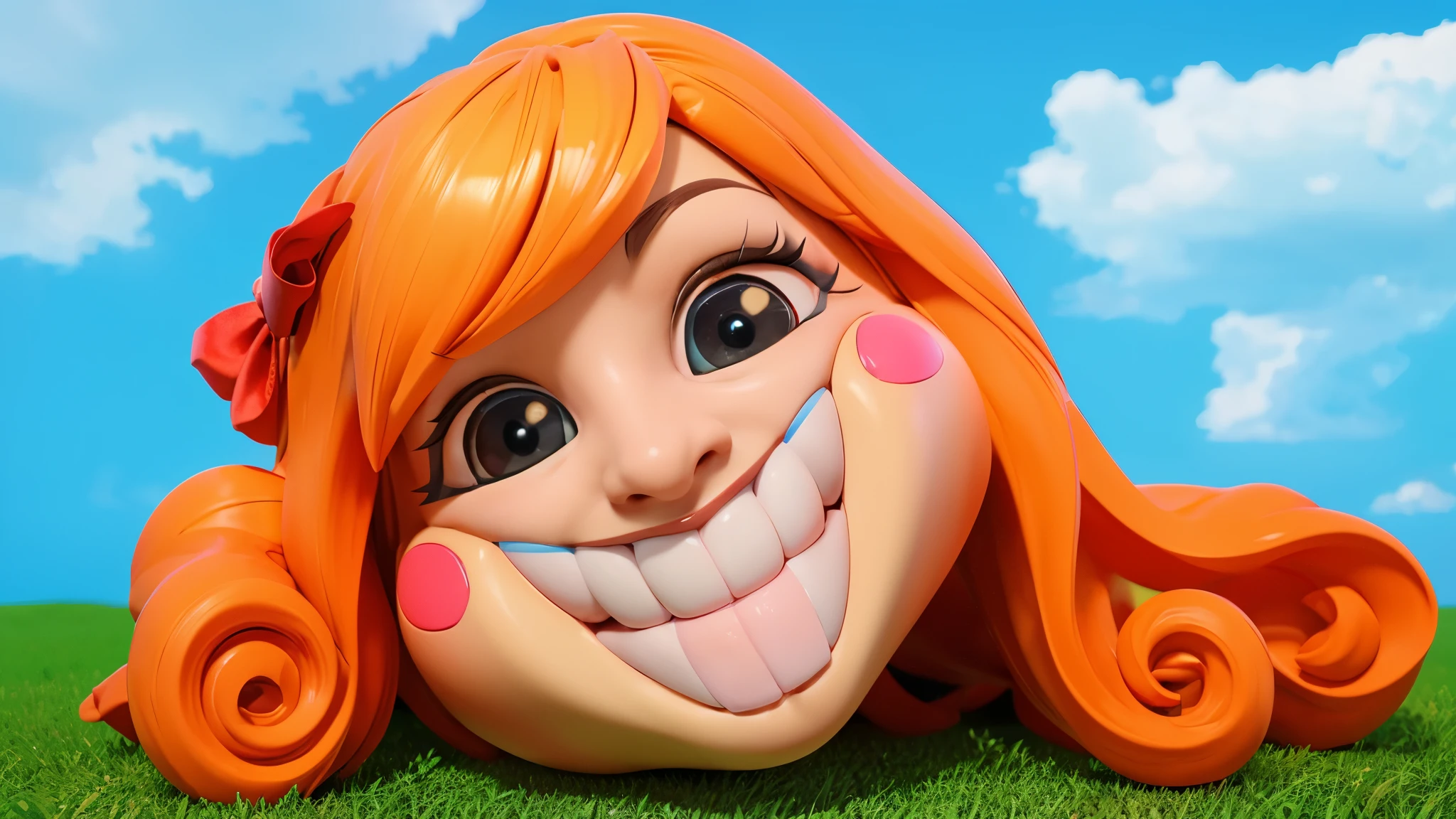 A cartoon girl with red hair and a big smile is lying on the grass with a blue sky in the background. The image depicts a 3D character of a girl dressed in multicolored jester attire. She has a large red bow on her head, and her eyes are wide with surprise. She has her mouth open and appears to be pointing to the left. The background is a solid blue.Stylized 3D, chewing body, stylized character, 3D character, 3rd character A blue character with a hat, a sad face, and a yellow bow tie is standing in front of a door. It has two golden loops around its body. there is a blue-orange daddy long legs in a hat and a yellow rope, iconic character with high detail, 3 d illustration, 3D illustration, stylized digital illustration, art of mobile games, in the elevator, Digital illustration -, Game illustration, mobile game background, 2d digital illustration, evil. Bright colors. Cute, blue daddy long legs toy, glossy texture, smooth 3d model, A character head, wearing a pink dress and a crown, 3D icon for mobile game, cartoon key frame rendering, Cute 3D рендеринг, Friendly cat, zbrush color rendering. perfect cgi, cgi art created only with gradients, smooth silhouette, high intensity refraction, (plastic material), most beautiful vfx, blue background, plastic refractions, pink mommy long legs toy, smooth 3d model, multiple light sources, rim light, sharp post effects render, (gplastic texture with multiple big light probe refractions), perfect cgi, cgi art created only with gradients, smooth silhouette, high intensity refraction, (plastic material), most beautiful vfx, blue background, plastic refractionsмультяшная Young woman в красной юбке и синей рубашке, Чаки style, animated character, dancing character, 3rd character render, April render, 3rd character art, 3rd character, 3D character, cartoon character, Young woman, 3D rendering of characters 8k, Tuni, 3D rendering stylized
