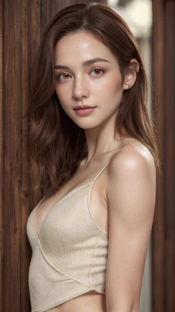 ((Top Quality, 8k, Masterpiece: 1.3)), Cute 1 Woman, Slender Abs: 1.3, ((Light Brown Hair, Small: 1.2)), Highly Detailed Face and Skin Texture, Detailed Eyes, Double Eyelids, Arms with Poor Breasts, (Ultra High Definition: 1.2), (Photorealistic: 1.4), (8k, RAW Photos: 1.2) , full body waist up pose , various shot angle
