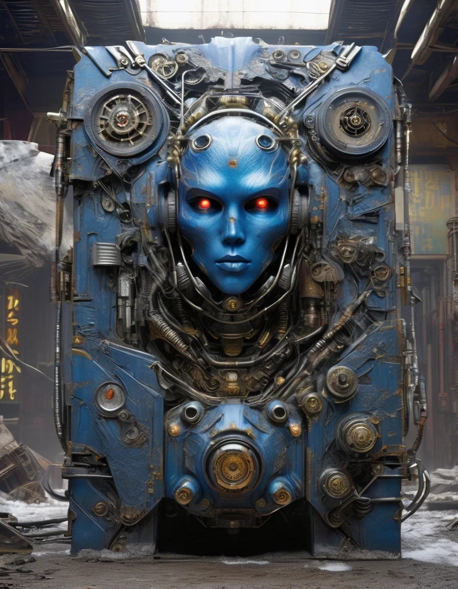 UHD, masterpiece, textured skin, high details, high quality, award winning, best quality, highres, 16k，  Science fiction film,full of fantasyfantastical ideas,by van gogh,Big roundspaceship,Doomsday, wasteland style,hd,8k
in style of Eugene Galien-Laloue，Wasteland of Doom，（The extremely beautiful and powerful heroine in the doomsday world is holding a gun），Mecha Clothing，Short blue hair，Beautiful Asian face，mechanical, Glass mask passes light through, Delicate skin texture, Determined gaze，It&#39;s Blizzard，Heavy snowfall，The broken eaves and broken walls are everywhere, and the scene is desolate.。In a post-apocalyptic environment，Regardless of appearance or practicality，Everything is for survival，Exaggeration in appearance，Can make enemies feel fear。Many items are basically worn out.，Rust，The form of splicing，Add splash graffiti to create the environment of a wasteland world。Elements such as neon lights will often appear in the doomsday wasteland.。The most important point is that the wasteland world is a world after the collapse of technological civilization.，Productivity setbacks，Material resources are extremely scarce，