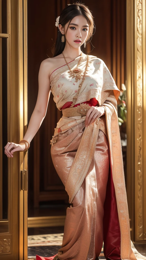 (raw photos:1.2), (realistic:1.4), (Masterpiece:1.3), (best quality:1.4), Ultra high resolution, (Detailed eyes), (Detailed facial features), (Detailed clothing features), HDR, 8K resolution, Focus only, Dressing according to Thai tradition, traditional shawl , 1 woman , Huge breasts, A gigantic rift, Big breasts push up clothes, big breast, fully grown breasts, small waist, Long legs, Facing the audience, Full body, depth of field, Cinema-grade lighting,
