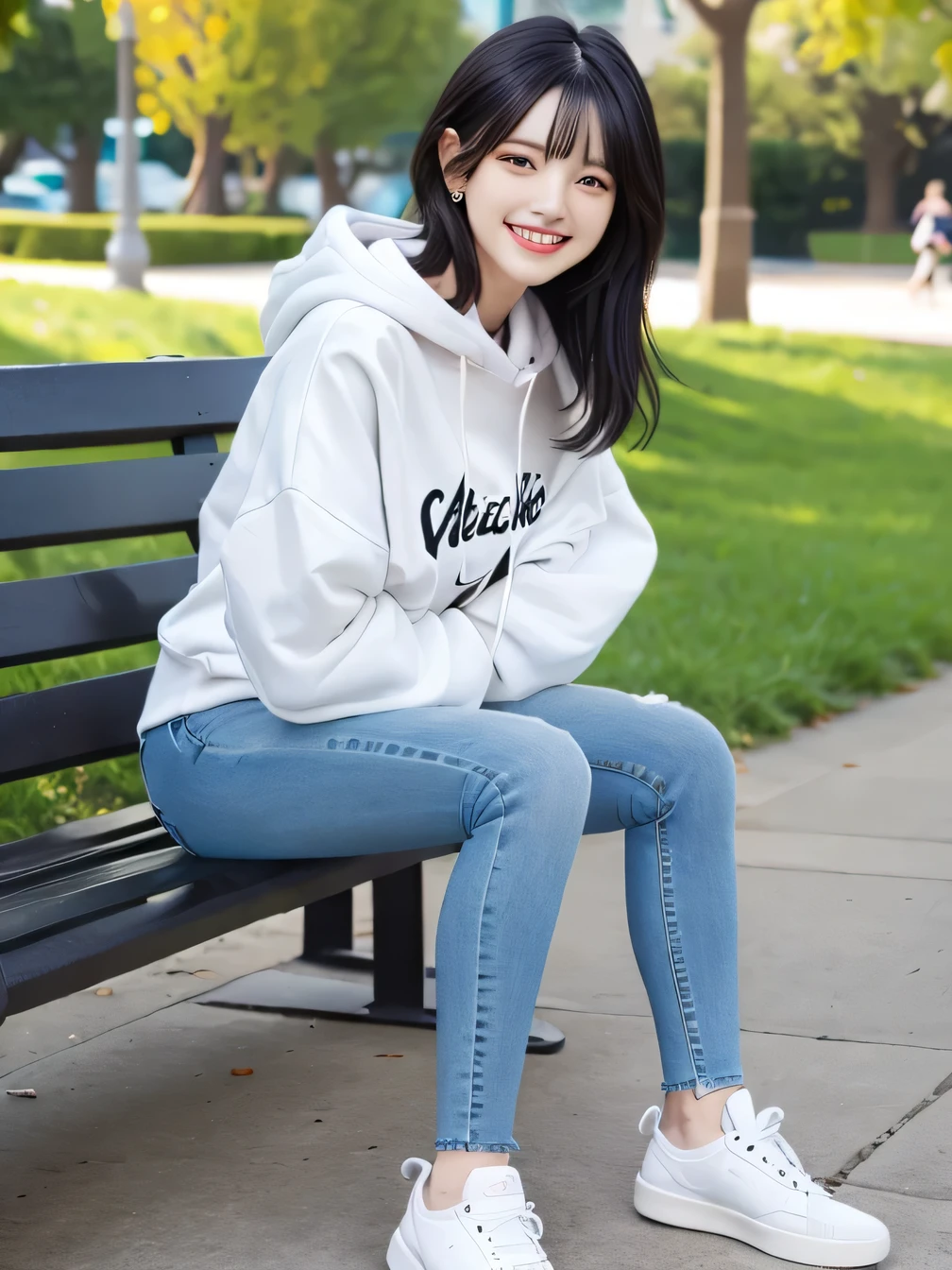 highest quality)), ((masterpiece)), (Get used to it), Perfect Face、((highest quality)), A neat and beautiful woman sitting on a park bench、hoodie、Skinny jeans、sneakers、Black Hair、short hair、smile showing teeth、Full body photo、Ear Piercing