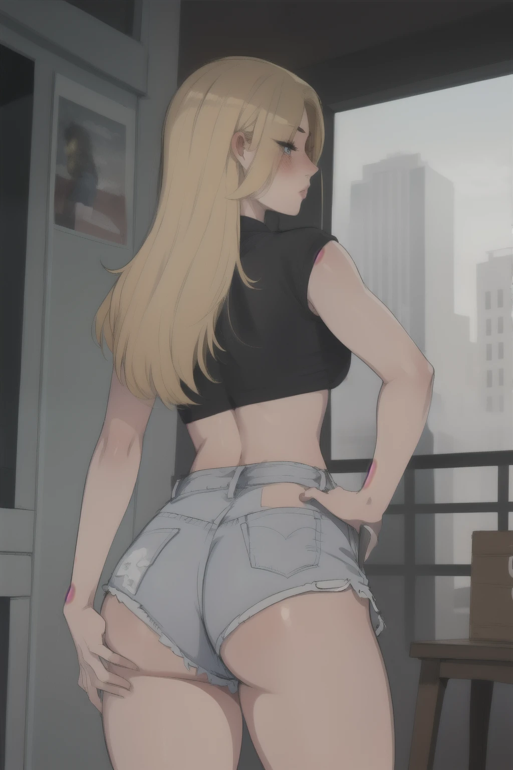 Girl with long blonde hair,, high waisted shorts, (realistic:1.4),, masterpiece, Best quality, very detailed, ass