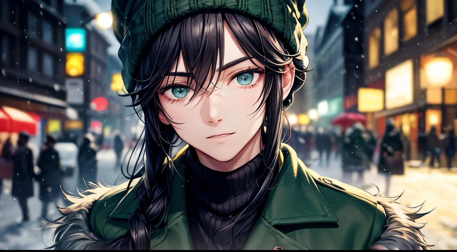 Dark green mod coat　male　Black Hair　Knitted hat　midnight　Cute Face　Detailed facial expression depiction　Detailed facial depiction　Detailed hair depiction　Detailed depiction of clothing　It&#39;s snowing　bustling street