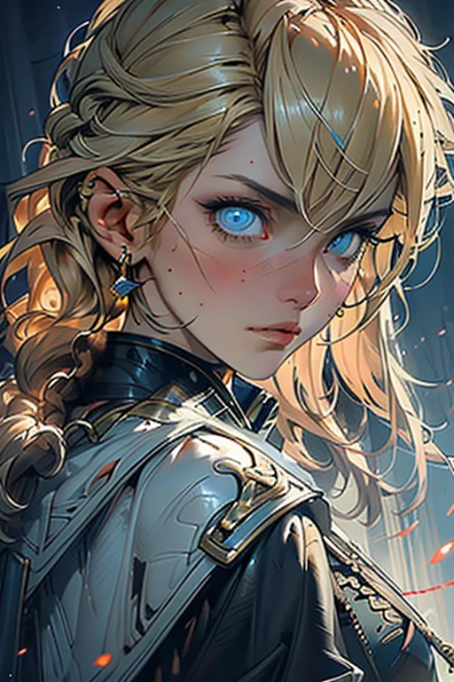 ((best quality)), ((masterpiece)), (detailed), perfect face, blonde hair, intricate braid, fierce eyes, blue eyes, leather armor, magic, mage, golden light, holy light, warrior, battle, looking back at the camera, sorrow in the eyes, 