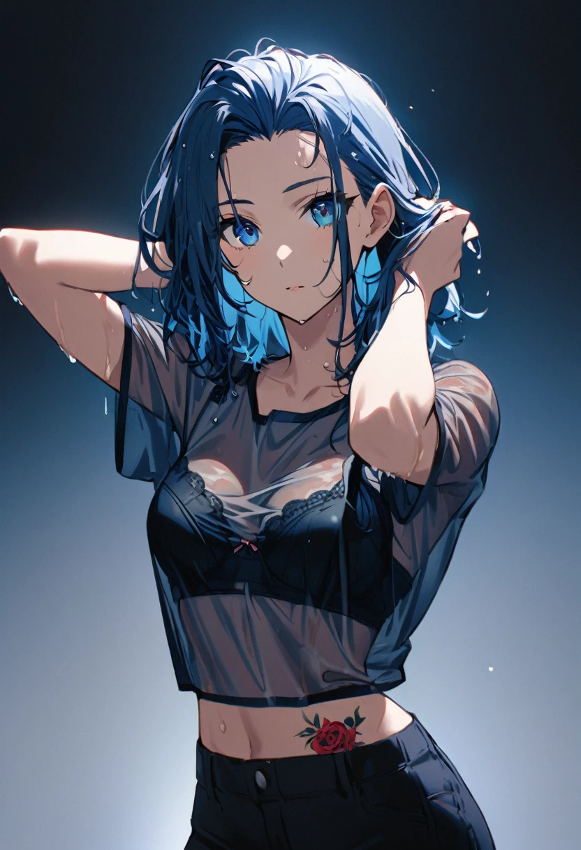 1 girl,Solo,front view from front facing viewer,medium hair,hair slicked back,dark blue eyes,wet hair,arm up, Hands behind head,bra,(See-through shirt),(hand_in_hair),(cool girl),(tight),(Rose tattoo),(sharp blue eyes),(Silver)