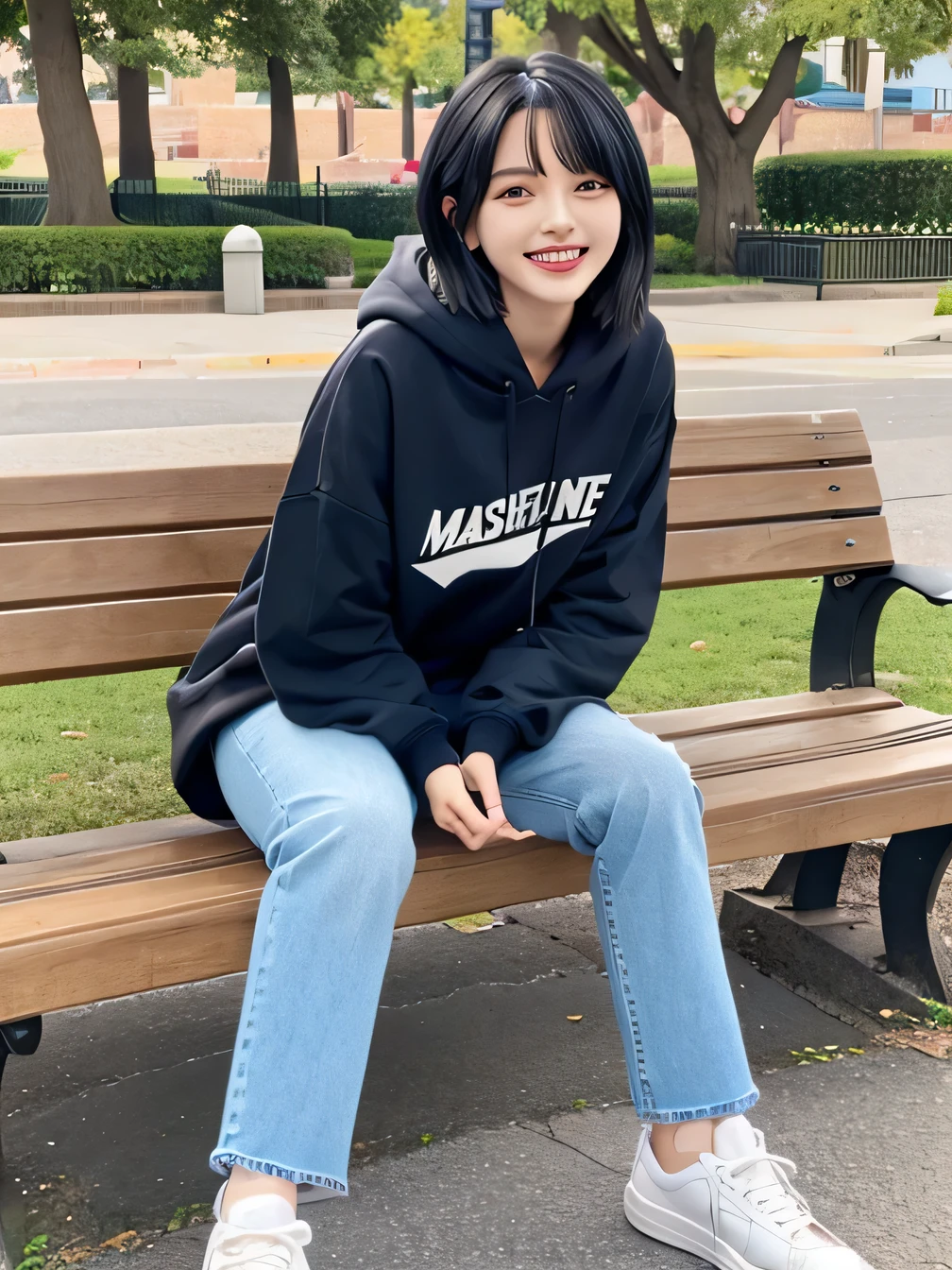 highest quality)), ((masterpiece)), (Get used to it), Perfect Face、((highest quality)), A neat and beautiful woman sitting on a park bench、hoodie、Skinny jeans、sneakers、Black Hair、short hair、smile showing teeth、Full body photo、Ear Piercing