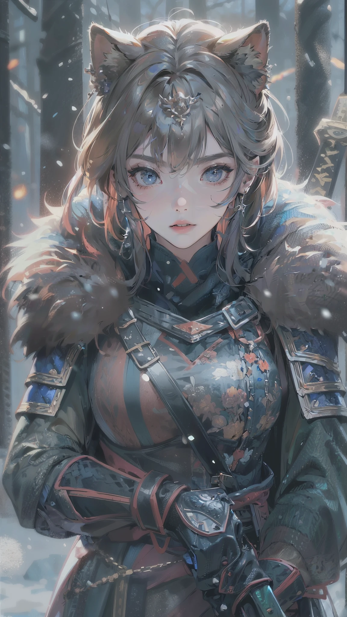 (best quality,4k,highres),(realistic,physically-based rendering),a girl,armor:simple,winter,fur,holding a sword,serious expression,vivid colors,portrait,sharp focus,studio lighting,detail of the eyes,metal texture,cold environment,forest background,falling snow,smoke effect