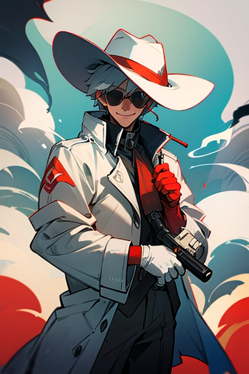 Gunslinger, sunglasses, white hat, white raincoat, , red gloves, old revolver, gun smoke, cigarette, flamethrower, smile, man