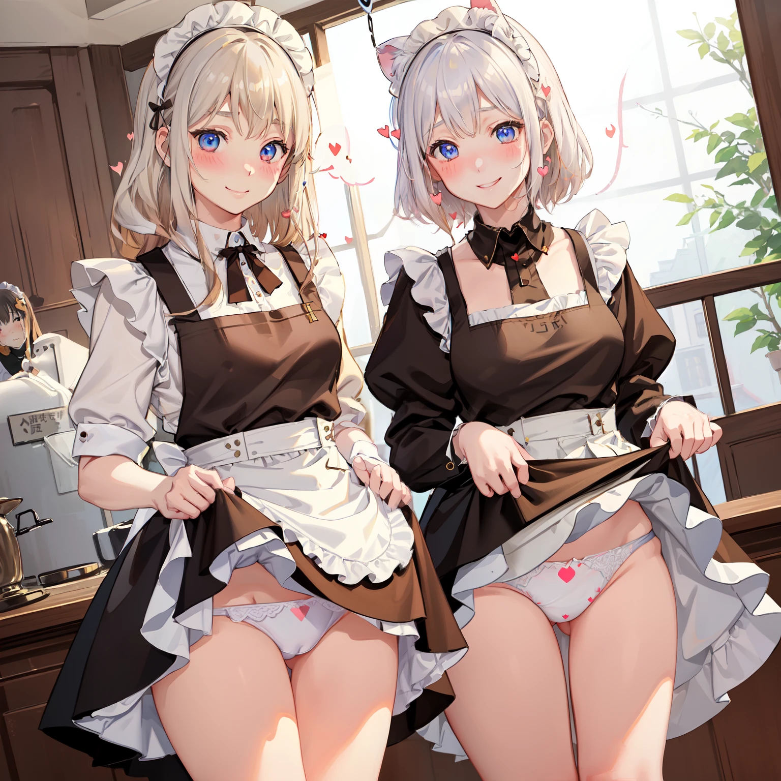 highest quality、masterpiece、((2 girls))、((smile:1.3))、(blush:1.3)、Black Shirt、blouse、((fun!!))、(Small breasts)、(Animal Ears)、Blonde、()、((White apron:1.5))、((Maid))、((hair ornaments)),、Kamimei、look at me、 ((in house:1.5))、 Taking a break from watching the audience、Cowboy Shot、(Skirt lift:1.3),(Highly detailed white panties:1.3)、(Highly detailed panties:1.3)、、(スカート that rolls up:1.3)、(Panties fully exposed:1.5)、Light blue eyes、long hair、((spoken heart:1.5))、