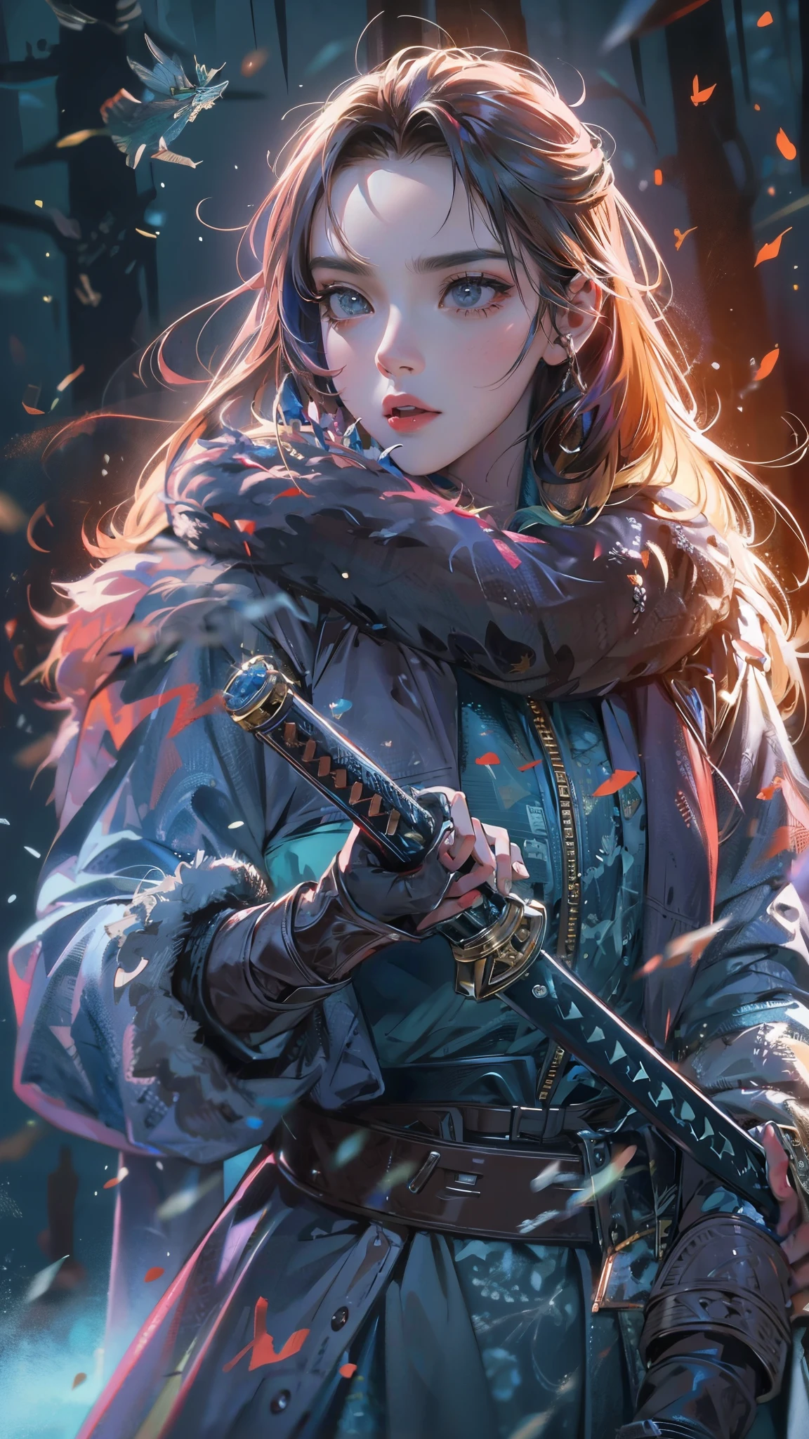 (best quality,4k,highres),(realistic,physically-based rendering),a girl,armor:simple,winter,fur,holding a sword,serious expression,vivid colors,portrait,sharp focus,studio lighting,detail of the eyes,metal texture,cold environment,forest background,falling snow,smoke effect