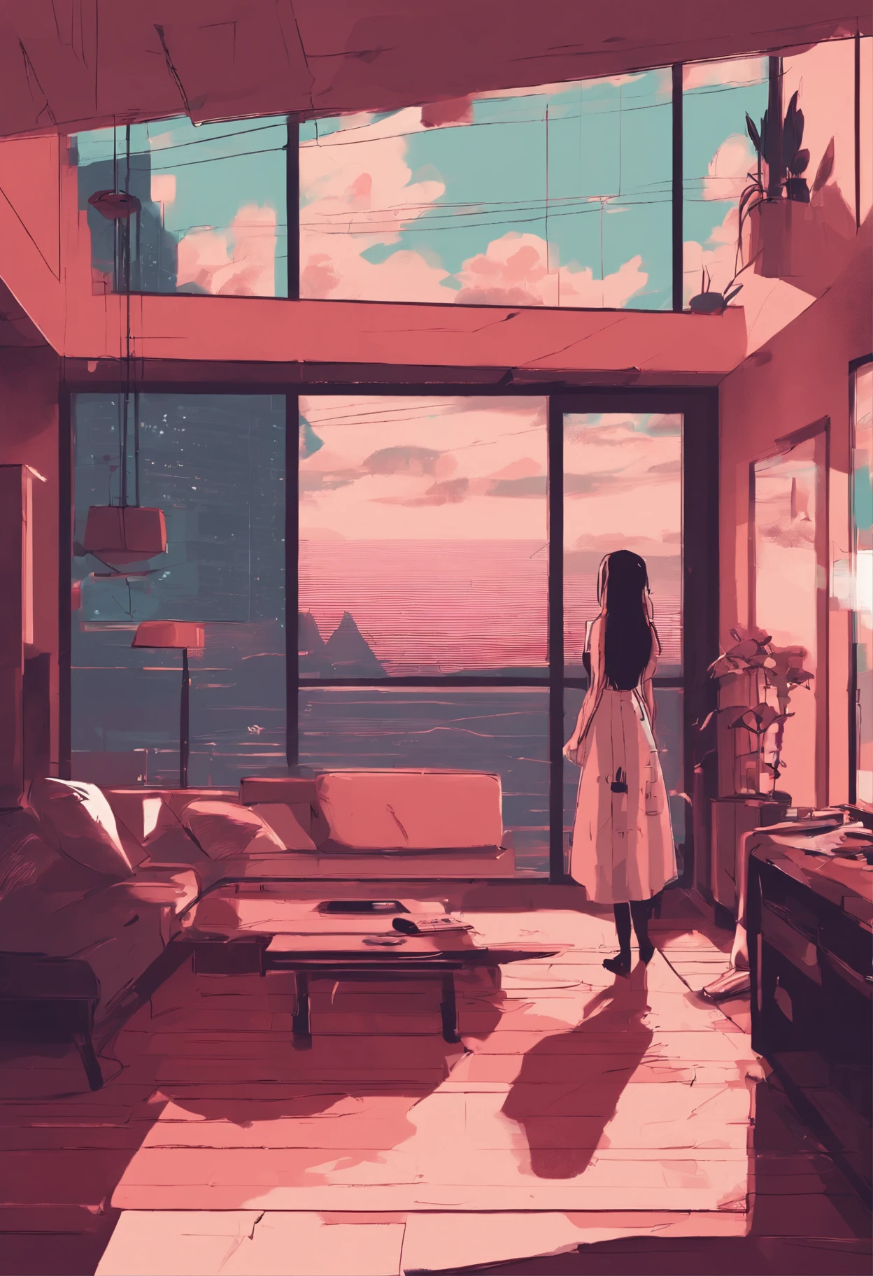 there is a woman standing in a living room looking out the window, cyberpunk art inspired by Alena Aenami, Artstation contest winner, pixel art, style of alena aenami, lofi artstyle, lofi art, art of alena aenami, lo-fi illustration style, lofi girl, artistic. alena aenami, lo-fi art