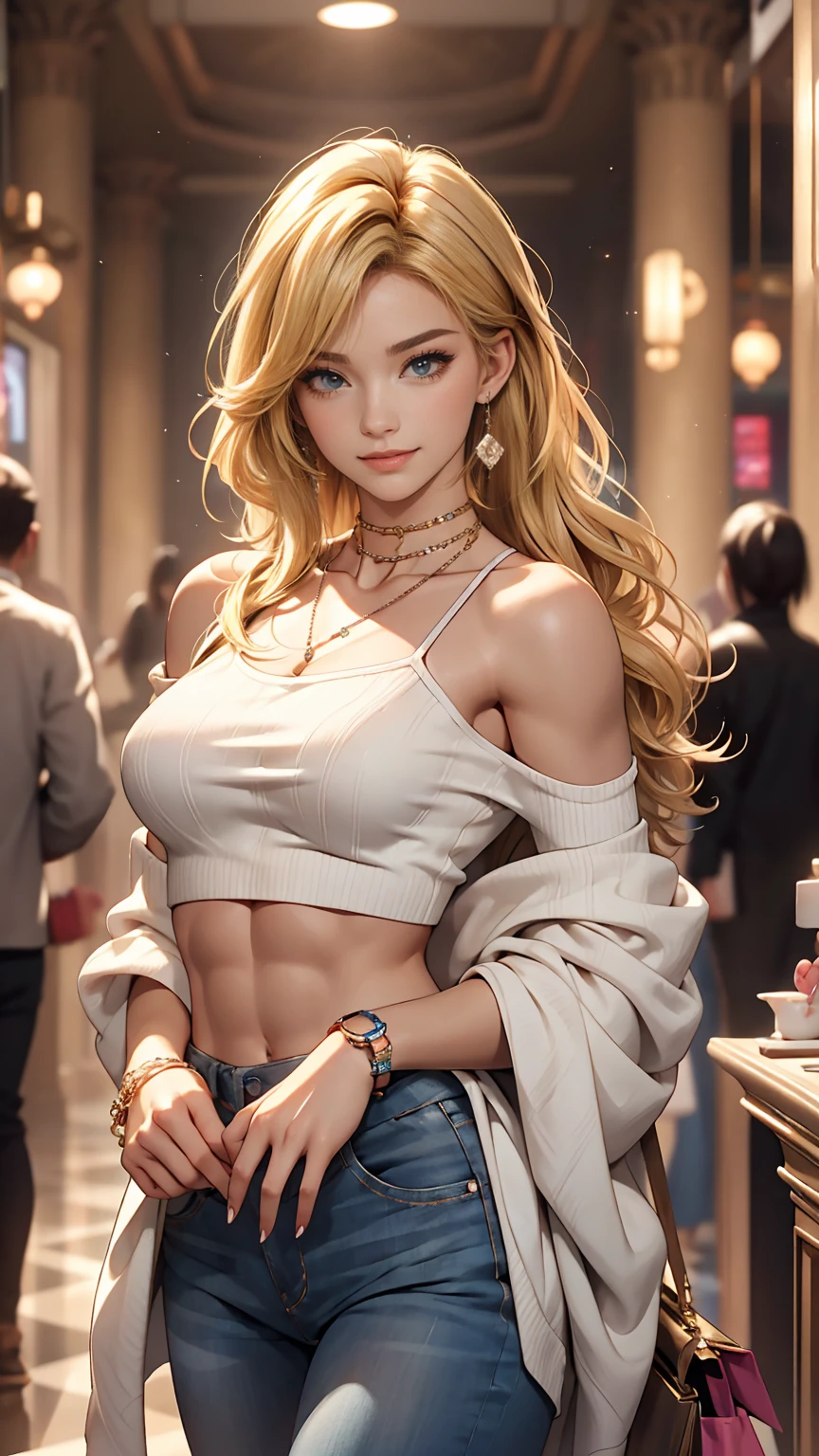 highest quality、masterpiece、Ultra-high resolution、22 year old Caucasian female、Her hair color is blonde.、Semi-long hair、My hair is wavy、Eye color: blue、Having her hair done、accessories on wrist、I'm getting a manicure、I'm wearing a choker、I'm wearing earrings、skin is smooth、Slim but well-defined figure、My chest is popping out、high resolution、My abs are ripped、The navel is visible、She is wearing a flounced off-the-shoulder top that shows her underboobs.、I'm wearing low-rise skinny jeans、I'm wearing high heels、In the atrium of a shopping mall、smile、Leaning against the pillar in the hall、Arms crossed、smile
