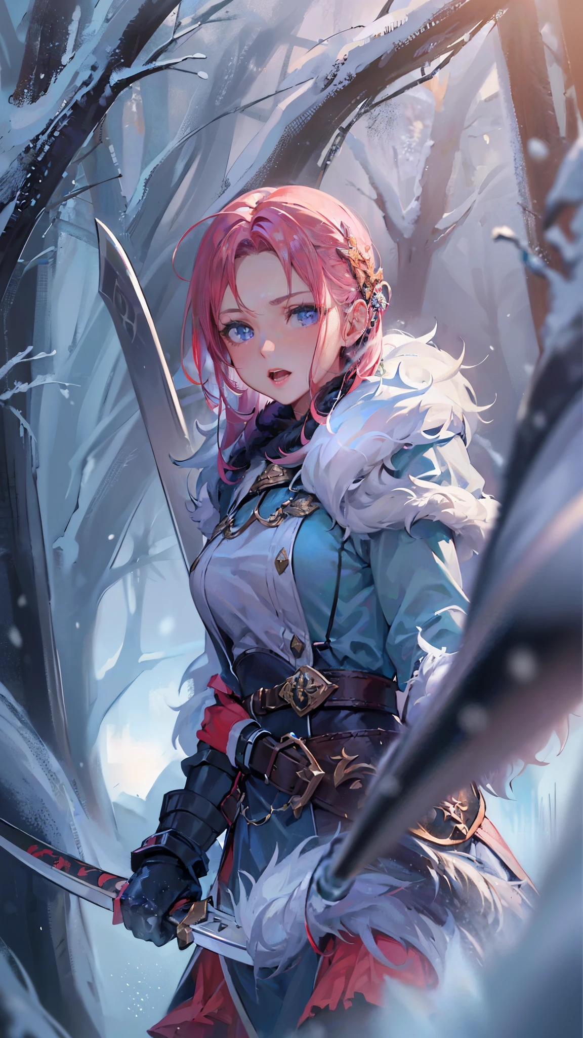 (best quality,4k,highres),(realistic,physically-based rendering),a girl,armor:simple,winter,fur,holding a sword,serious expression,vivid colors,portrait,sharp focus,studio lighting,detail of the eyes,metal texture,cold environment,forest background,falling snow,smoke effect