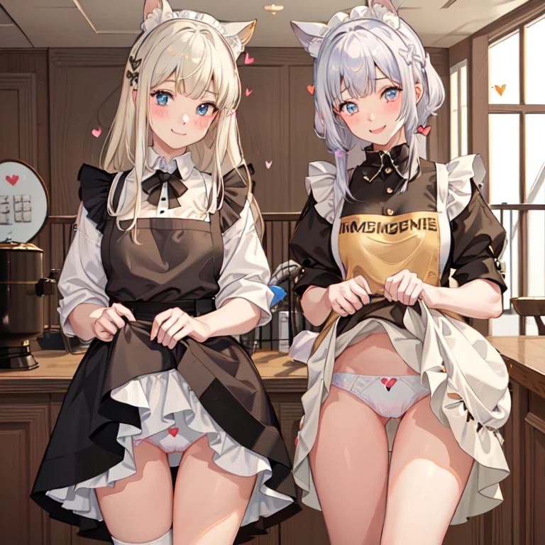 highest quality、masterpiece、((2 girls))、((smile:1.3))、(blush:1.3)、Black Shirt、blouse、((fun!!))、(Small breasts)、(Animal Ears:1.3)、Blonde、()、((White apron:1.5))、((Maid))、((hair ornaments)),、Kamimei、look at me、 ((in house:1.5))、 Taking a break from watching the audience、Cowboy Shot、(Skirt lift:1.3),(Highly detailed white panties:1.3)、(Highly detailed panties:1.3)、、(スカート that rolls up:1.3)、(Panties fully exposed:1.5)、Light blue eyes、long hair、((spoken heart:1.5))、