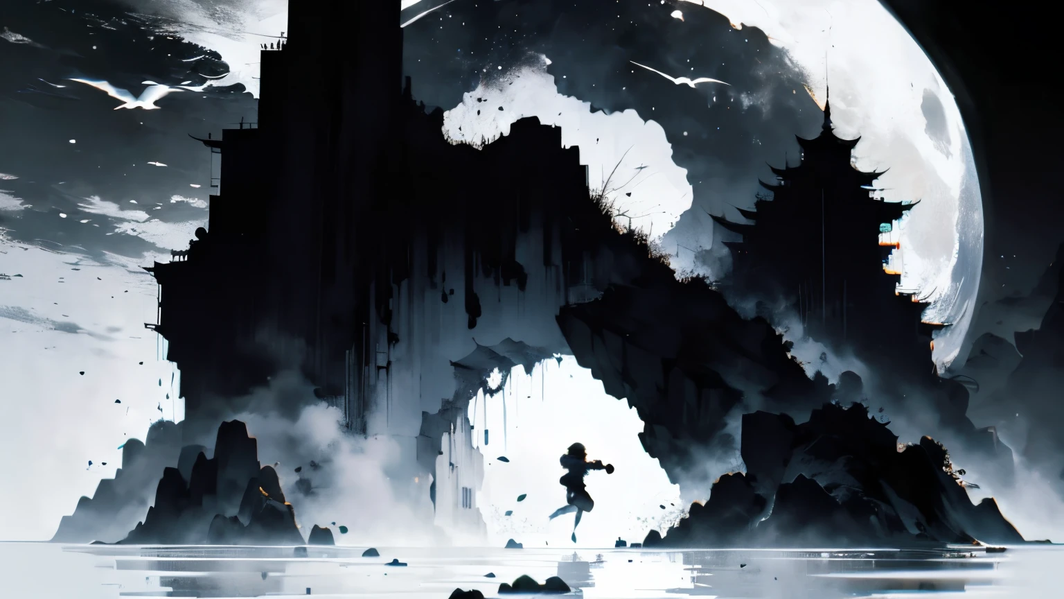 Girl falling to the bottom of the cliff。Silhouette。Boundless darkness。Overlooking。高空Overlooking。Black and white,silent