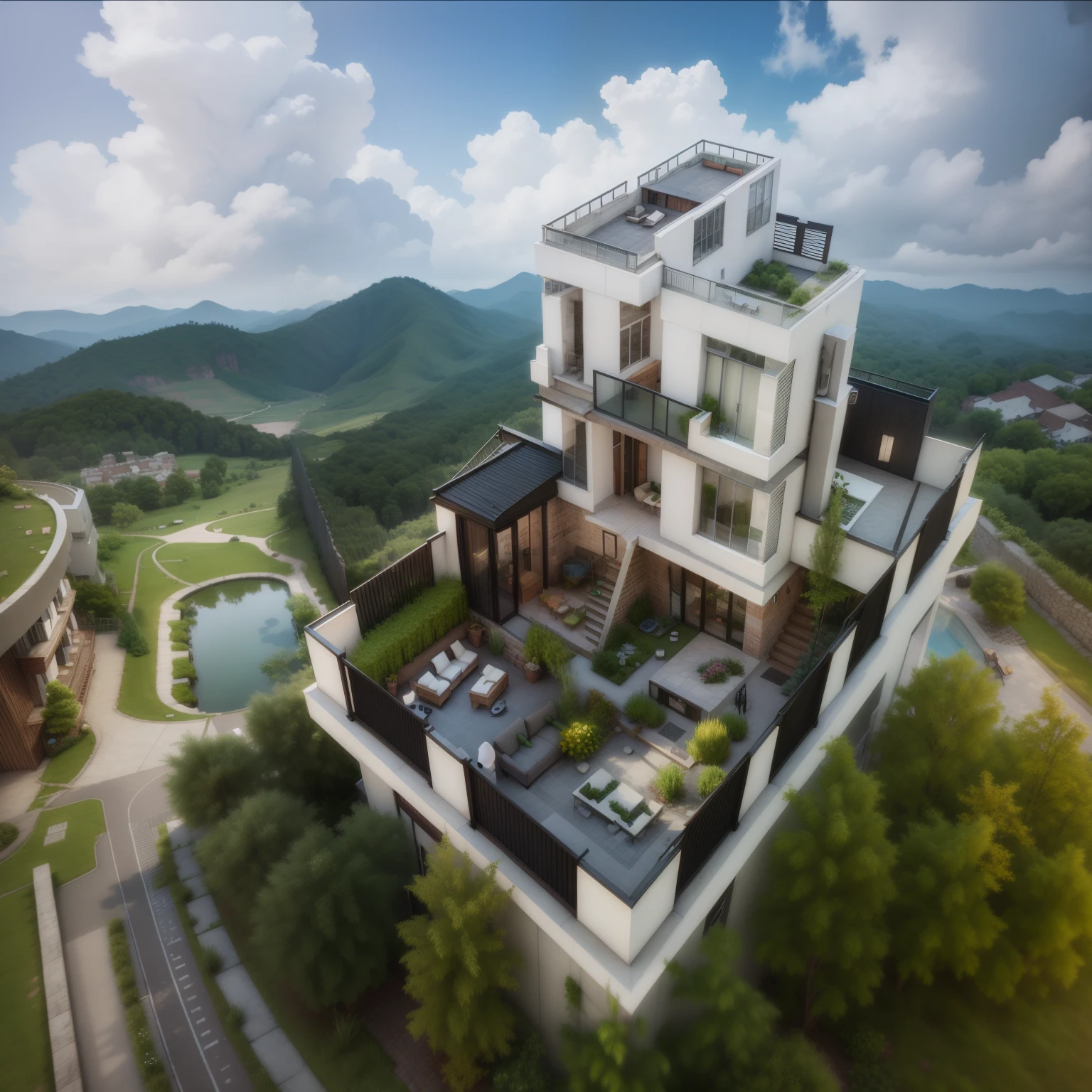 a view of a building with a pool and a parking lot, isometric view!!!!, aerial perspective, insanely detailed rendering, isometric perspective view, 3 d perspective, rendered in lumion pro, detailed rendering, lumion rendering, 3 d rendering!, 3d rendering!, very detailed render, highly detailed render, architectural rendering, fully detailed render，乡村patio，Modeling rendering，Realism，patio，China