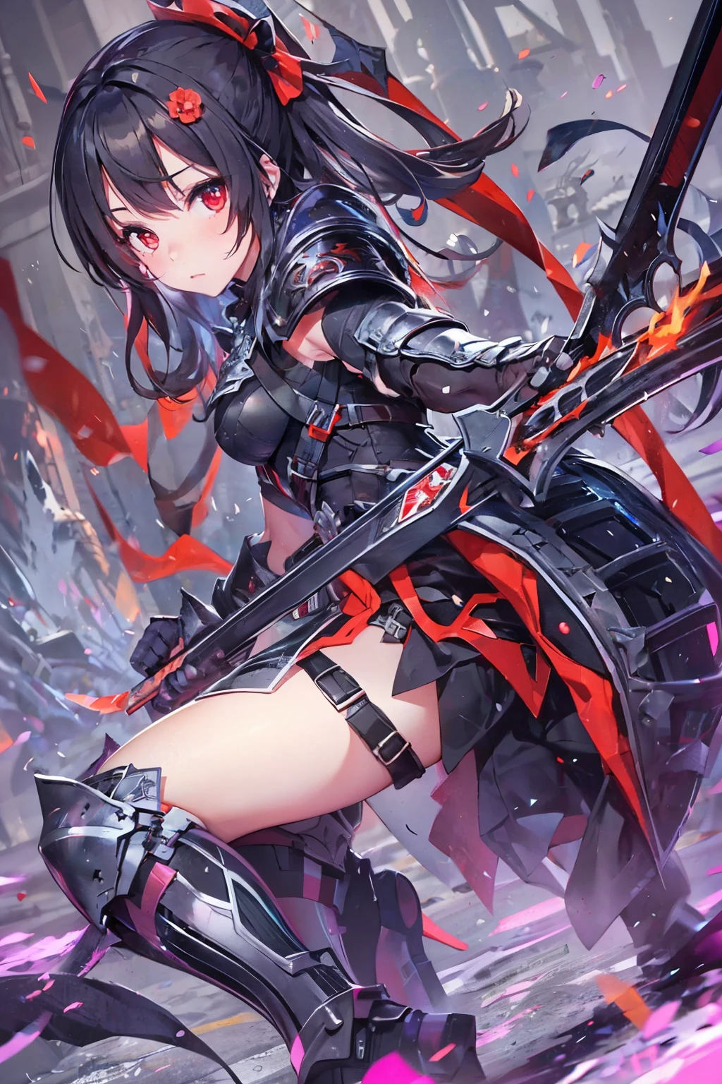 best quality, super fine, 16k, incredibly absurdres, extremely detailed, delicate and dynamic, ruthless, cool and beautiful female warrior, shining iridescent clairvoyance, rainbow-colored braided ponytail, captivating look, aroused expression, evil smile, teasing smile, grin, lewd smile, heavy armor, heavy beam rifle, ominous aura swirls effects, background skyscraper being split in two by a lightning strike, big red full moon, exposed steel beams, flying glass, demonic shadows, sparks, smoke, fog, eerie atmospheric colors, slow-motion effects, dark fantasy