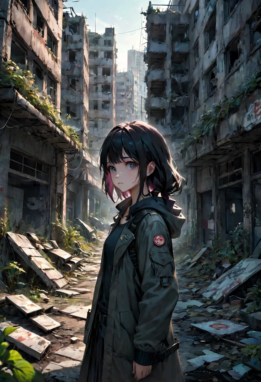 1girl, Post-Apocalyptic Wasteland, Craft a photorealistic, darkly-colored post-apocalyptic depiction featuring a nature-reclaimed city, deteriorated buildings, and a ragged but resistant survivor amongst the ruins. With twilight-esque lighting and additional details like debris, graffiti, or mutated plants, present a sense of time's progression. The concept art style should heighten depth, creativity, and emotional connection, emphasizing desolation and survival.