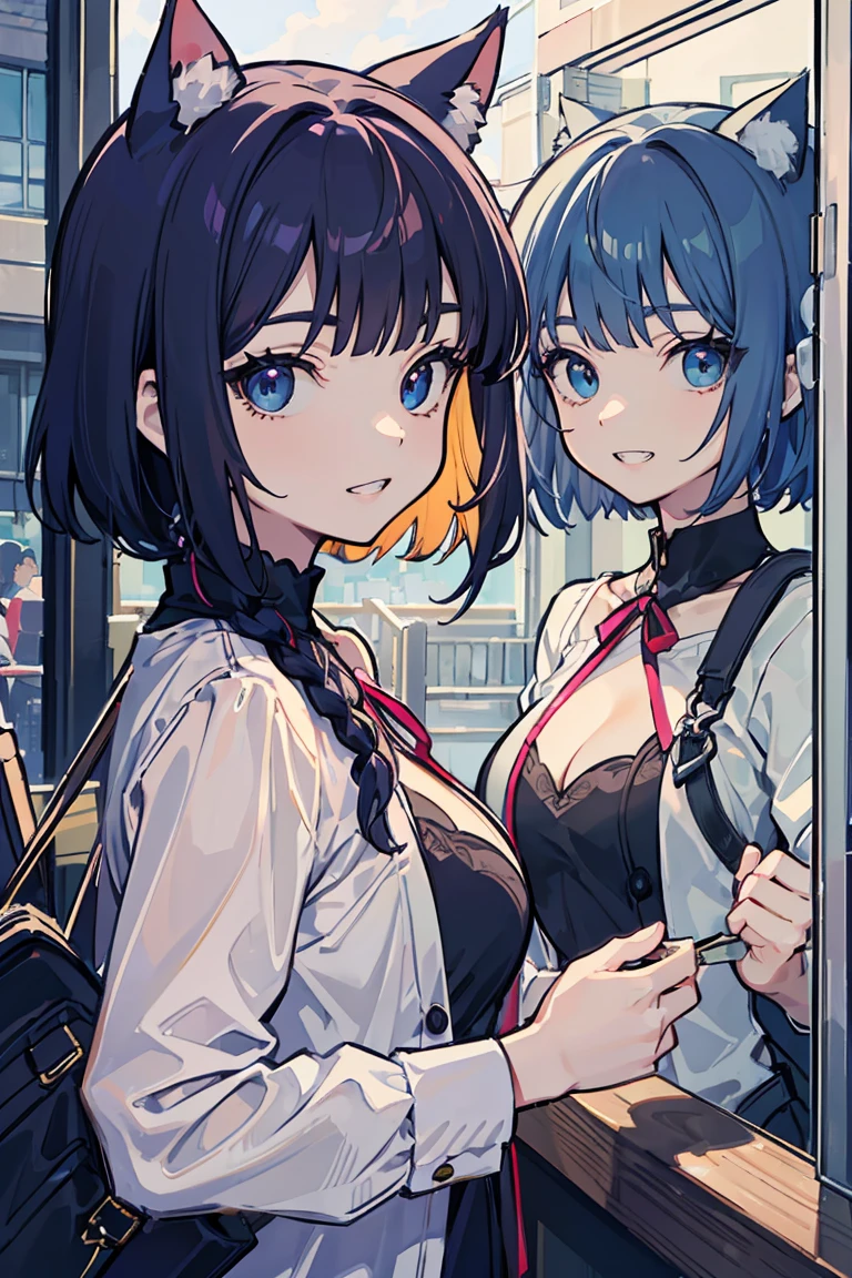 ((siblings)), (beast娘), (Cat Ears), (super high quality), masterpiece, wild, beast, (Cobalt blue girl and orange girl), Casual Scene, Relaxed atmosphere, she wears fashionable clothes,Summer sunshine, Street atmosphere, urban environment. Perfect body, (E Cup:1.2), Grin, teeth, Fresh, (Asymmetrical bangs:1.3),Short Bob,Braiding, Highly detailed face and eyes, Sharp eyes, Digital Art, beautiful, Cinema Lighting, By Yusuke Murata.tonality, Romanticism, modern art, Impressionism, reflected light, 8k, masterpiece, Advanced Details, highest quality, Accurate anatomy