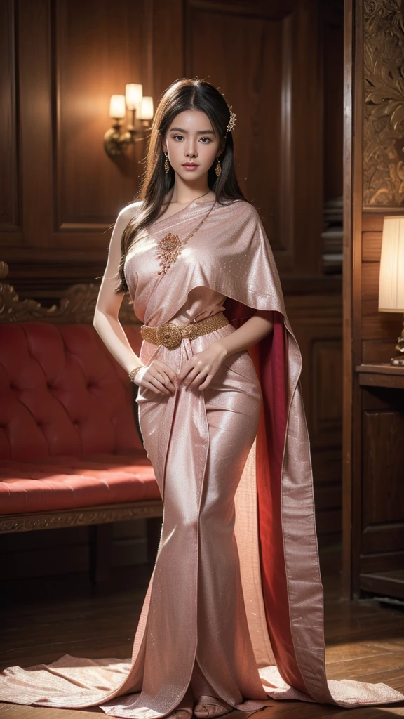 (raw photos:1.2), (realistic:1.4), (Masterpiece:1.3), (best quality:1.4), Ultra high resolution, (Detailed eyes), (Detailed facial features), (Detailed clothing features), HDR, 8K resolution, Focus only, Dressing according to Thai tradition, traditional shawl , 1 woman , Huge breasts, A gigantic rift, Big breasts push up clothes, big breast, fully grown breasts, small waist, Long legs, Facing the audience, Full body, depth of field, Cinema-grade lighting,