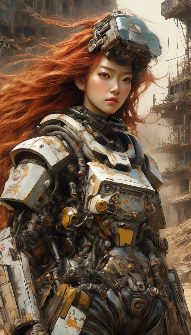 UHD, masterpiece, textured skin, high details, high quality, award winning, best quality, highres, 16k, Science fiction film,full of fantasyfantastical ideas,by van gogh,Big roundspaceship,Doomsday, wasteland style,hd,8k
in style of Olivier Valsecchi,in style of Alice Pasquini,Post-apocalyptic wasteland,(In the doomsday world, the extremely beautiful and powerful heroine is holding a gun),Mecha Clothing,Extra long red hair,Beautiful Asian face,, mechanical, Glass mask passes light through, Delicate skin texture, Determined gaze,It's the scorching sun and strong wind,Yellow sand rolling,The broken eaves and broken walls are everywhere, and the scene is desolate.。In a post-apocalyptic environment,Regardless of appearance or practicality,Everything is for survival,Exaggeration in appearance,Can make enemies feel fear。Many items are basically worn out.,Rust,The form of splicing,Add splash graffiti to create the environment of a wasteland world。Elements such as neon lights will often appear in Post-apocalyptic wasteland。The most important point is that the wasteland world is a world after the collapse of technological civilization.,Productivity setbacks,Material resources are extremely scarce,