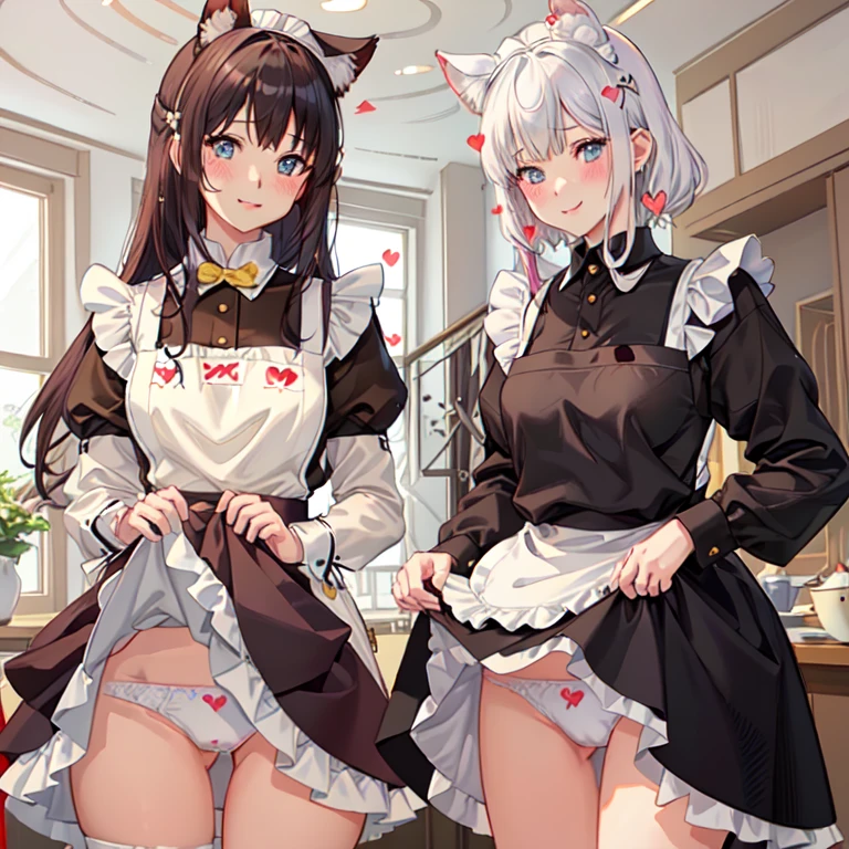 highest quality、masterpiece、((2 girls))、((smile:1.3))、(blush:1.3)、Black Shirt、blouse、((fun!!))、(Small breasts)、(Animal Ears:1.3)、Blonde、()、((White apron:1.5))、((Maid))、((hair ornaments)),、Kamimei、look at me、 ((in house:1.5))、 Taking a break from watching the audience、Cowboy Shot、(Skirt lift:1.3),(Highly detailed white panties:1.3)、(Highly detailed panties:1.3)、、(スカート that rolls up:1.3)、(Panties fully exposed:1.5)、Light blue eyes、long hair、((spoken heart:1.5))、