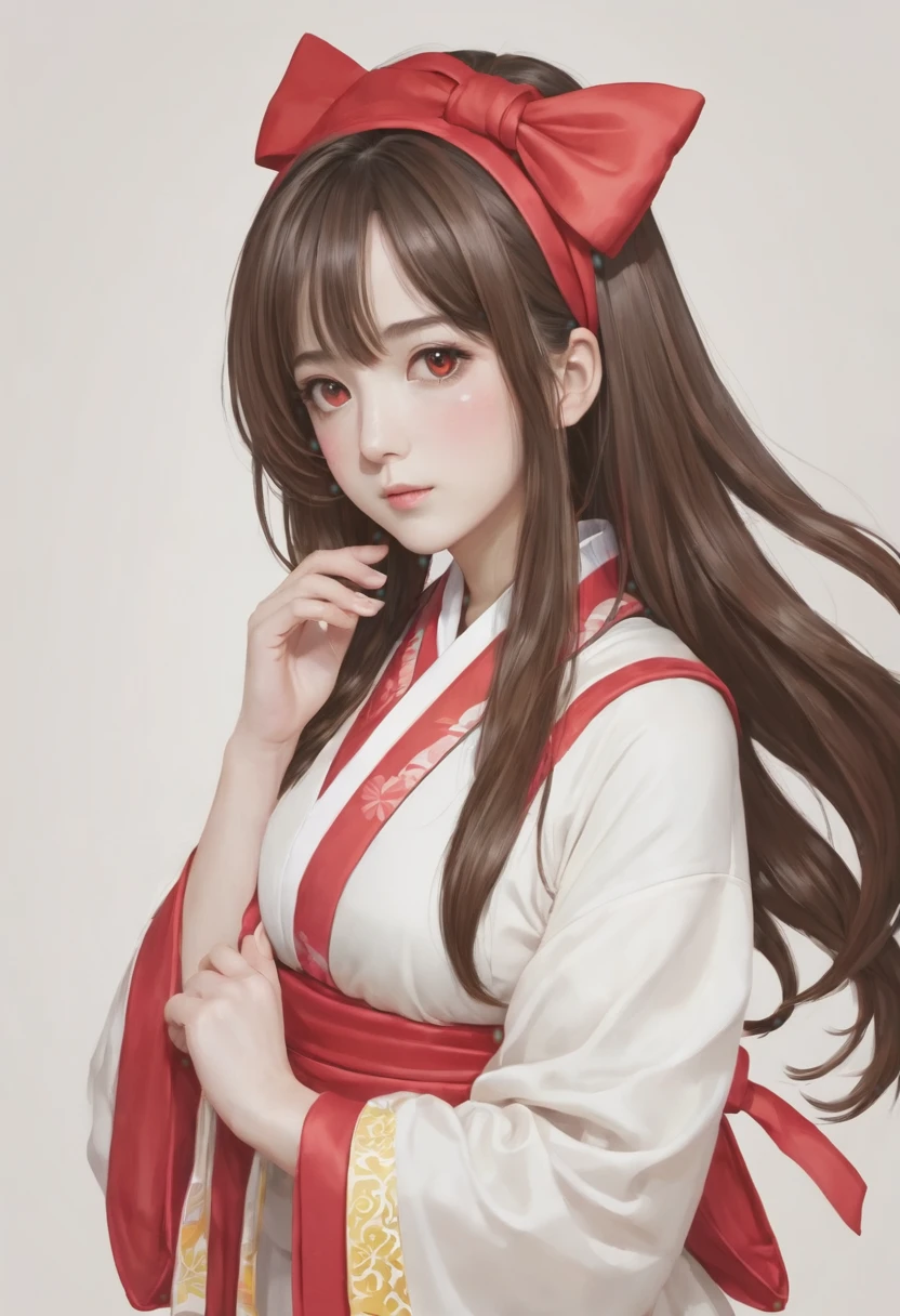 Kilo, One girl, Ascot, blush, bow, Brown eyes, brown hair, hair bow, Hair Tube, kimono, Long Hair, Mittens, Non-traditional Shrine Maiden, 1 hour drawing challenge, Open your mouth, Portraiture, red bow, red Mittens, scarf, Side Lock, Simple Background, alone, White Background, yellow Ascot, yellow scarf latex long dress