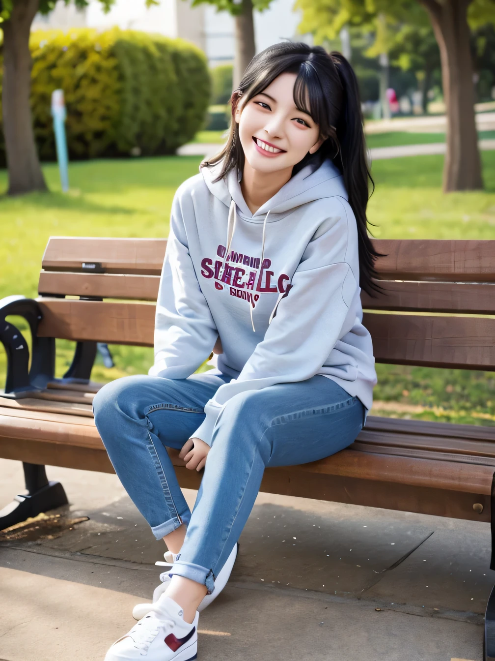 highest quality)), ((masterpiece)), (Get used to it), Perfect Face、((highest quality)), A neat and beautiful woman sitting on a park bench、hoodie、Skinny jeans、sneakers、Black Hair、smile showing teeth、Full body photo、Ear piercing