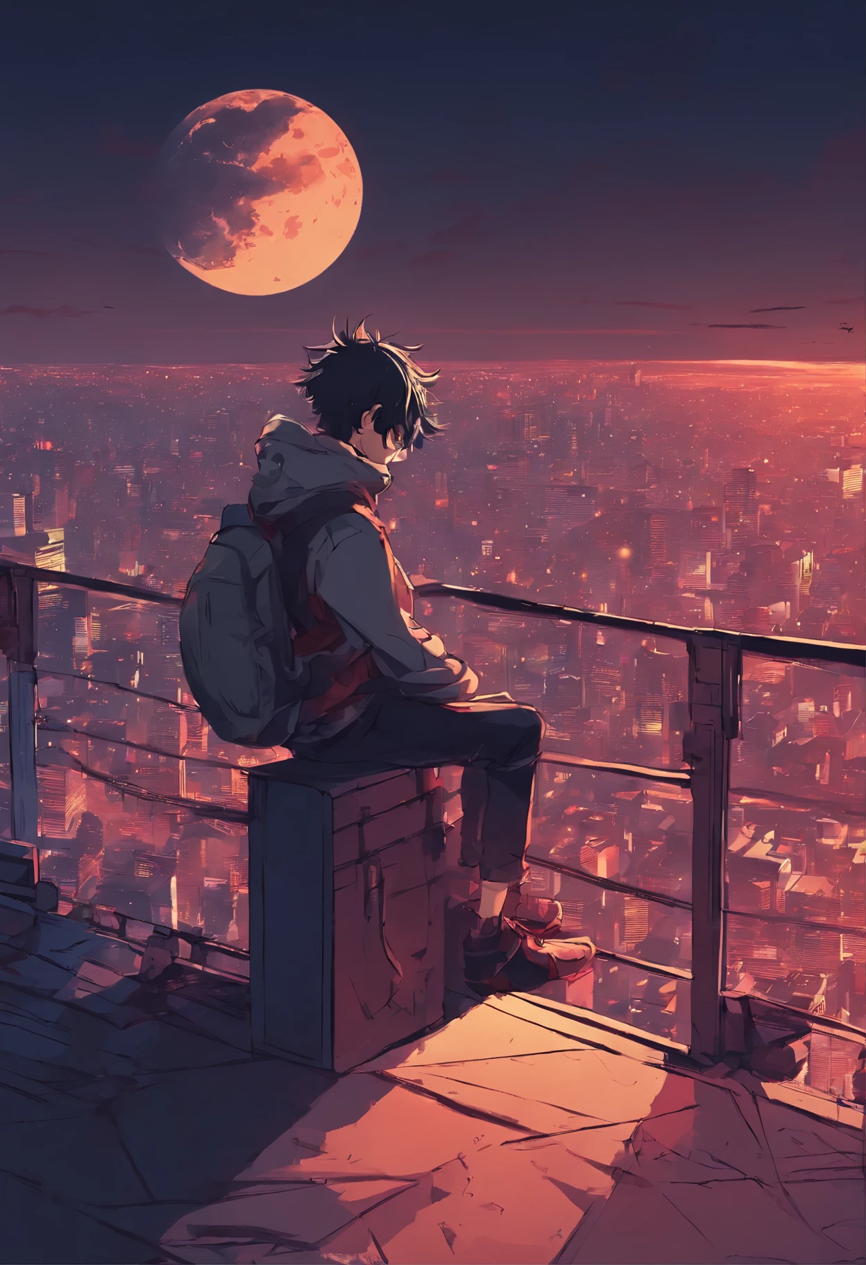 anime boy sitting on a ledge looking at the moon, digital art by Alena Aenami, tumblr, digital art, lofi artstyle, 4k anime wallpaper, sits on a rooftop, anime wallpaper 4k, anime wallpaper 4 k, anime aesthetic, anime art wallpaper 4k, lofi feel, anime art wallpaper 4 k, anime wallaper