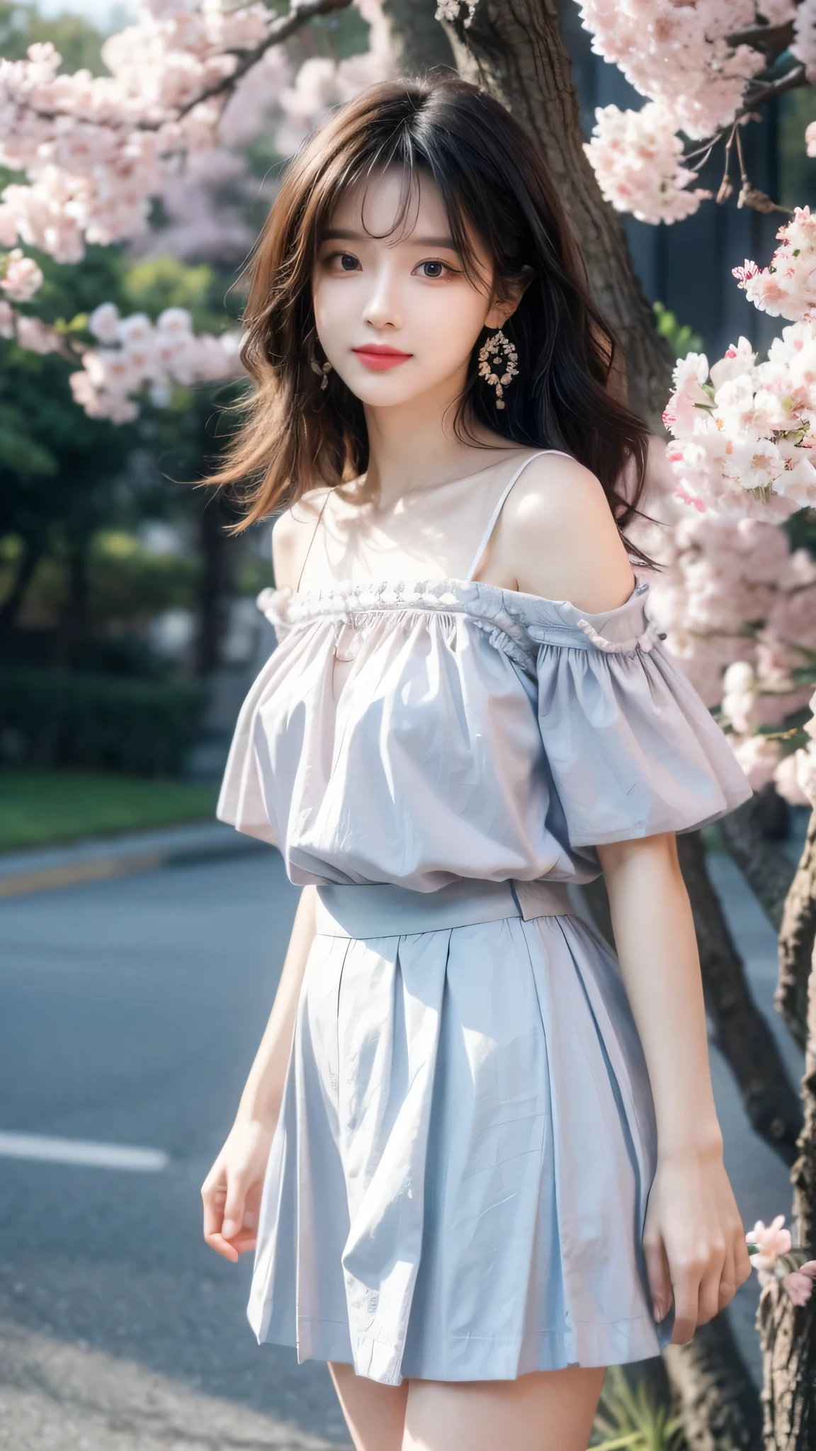 art by Cornflower, dream, cherry_开flower, come down_flower petals, flower petals, Branches, Pink_flower, 1 Girl,20 years old, blue_Sky, spring_(seasexist), flower petals_exist_liquid, flower, See you at flower, skirt, (Lexistg blexistd curly hair:1.5),Wearing a wreexisth,Sky, outdoor, cloud, Bangs, Smile, Pink_Eye, White skirt with cherry blossom embellishments, only_Shoulder, earrings, Keep_flower, Wind, Tree, Watching_exist_Viewer,Cowboy shooting,