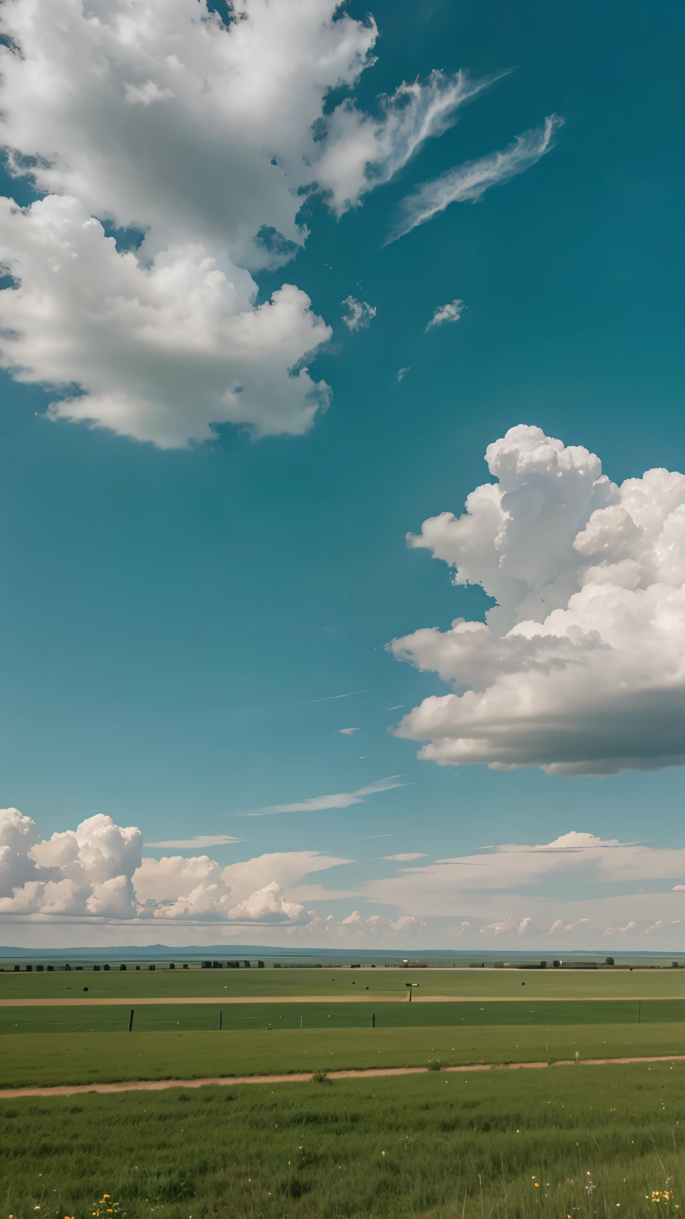 Green steppe，Large area of sky above