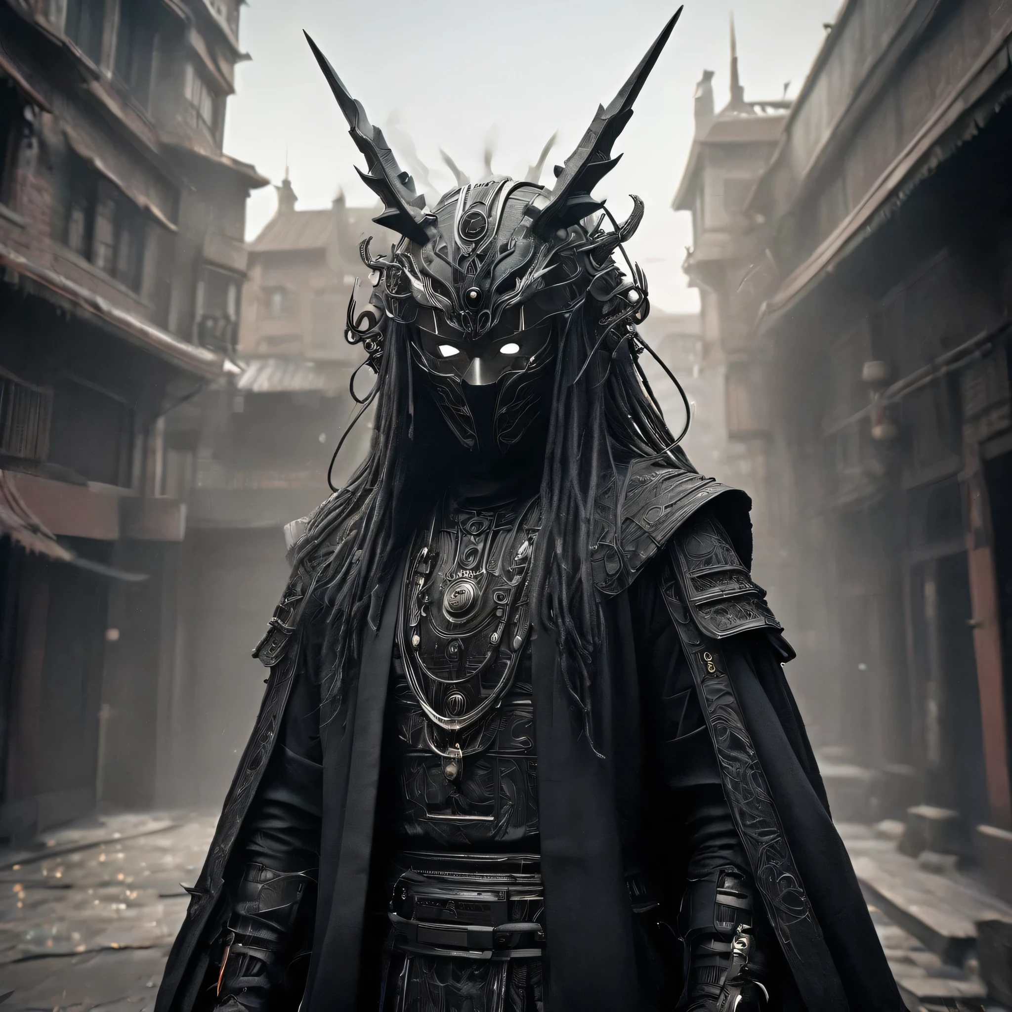 arafed image of a person dressed in a black outfit and a mask, very beautiful cyberpunk samurai, gothic - cyberpunk, orthodox cyberpunk, rococo cyberpunk, ornamental gothic - cyberpunk, ornate cosplay, occult cyberpunk, mystical post apocalyptic cyborg, steampunk angel, hyperdetailed fantasy character, steampunk aesthetic, steampunk fantasy style, japanese gothic, hyper - goth, beautiful male god of death