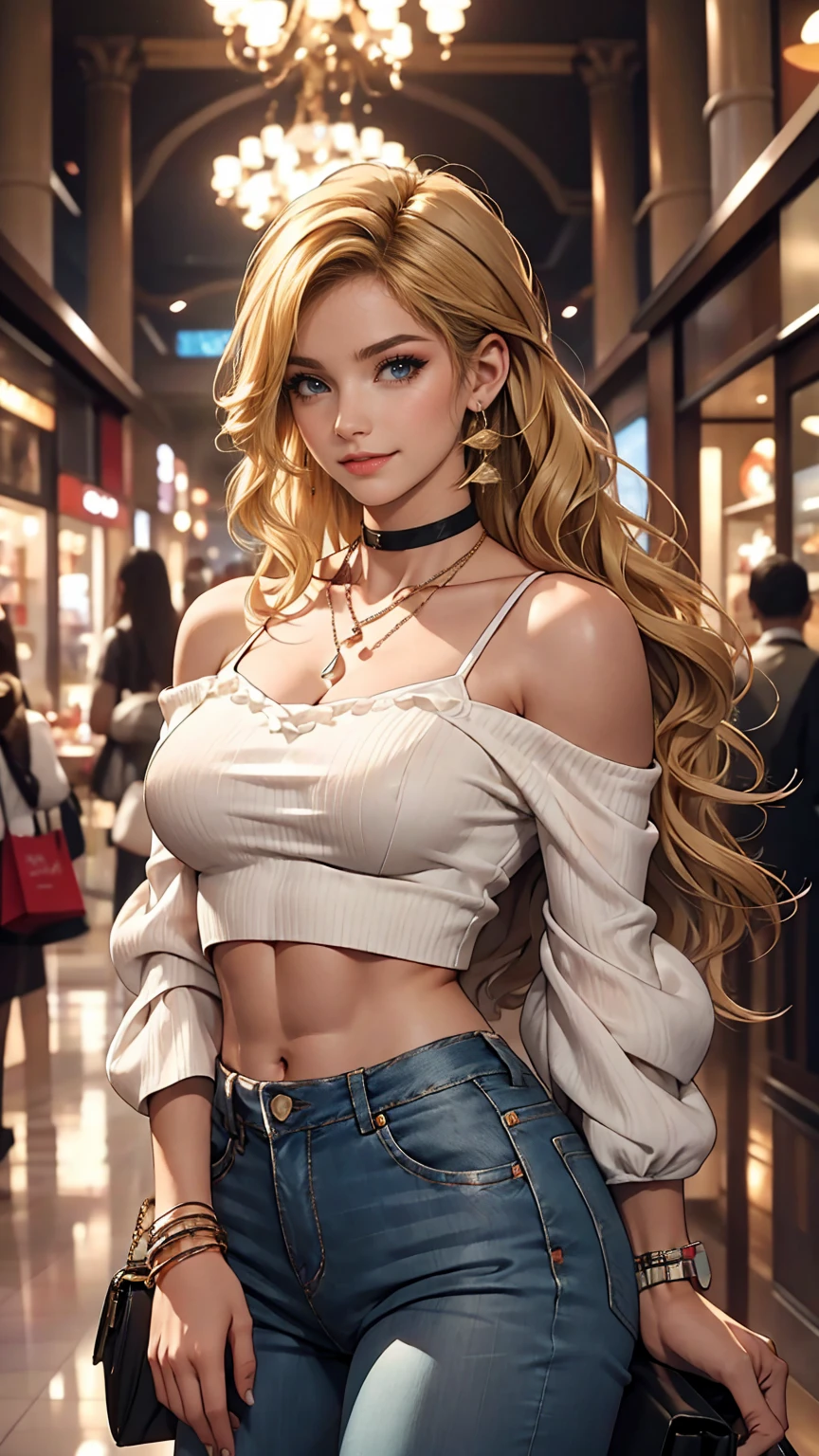 highest quality、masterpiece、Ultra-high resolution、22 year old Caucasian female、Her hair color is blonde.、Semi-long hair、My hair is wavy、Eye color: blue、Having her hair done、accessories on wrist、I'm getting a manicure、I'm wearing a choker、I'm wearing earrings、skin is smooth、Slim but well-defined figure、My chest is popping out、high resolution、My abs are ripped、The navel is visible、She is wearing a flounced off-the-shoulder top that shows her underboobs.、I'm wearing low-rise skinny jeans、I'm wearing high heels、In the atrium of a shopping mall、smile、Leaning against the pillar in the hall、Arms crossed、smile