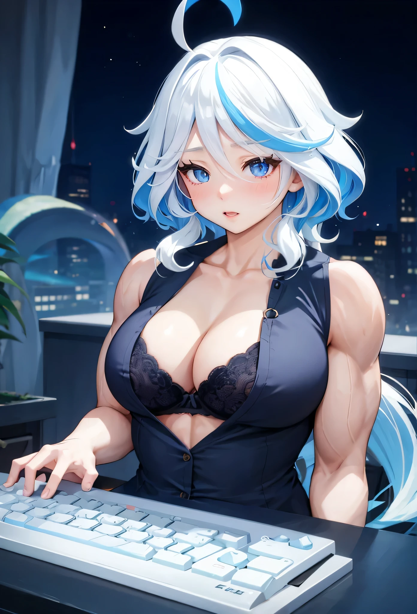 ,girl, furina (genshin impact) , muscular female, (alternate muscle size,hyper muscle),blush,shy,muscular ,biceps,muscular ,unbuttoned,bra,upper body,thick arm,,night,muscular shoulder,computer screen,keyboard