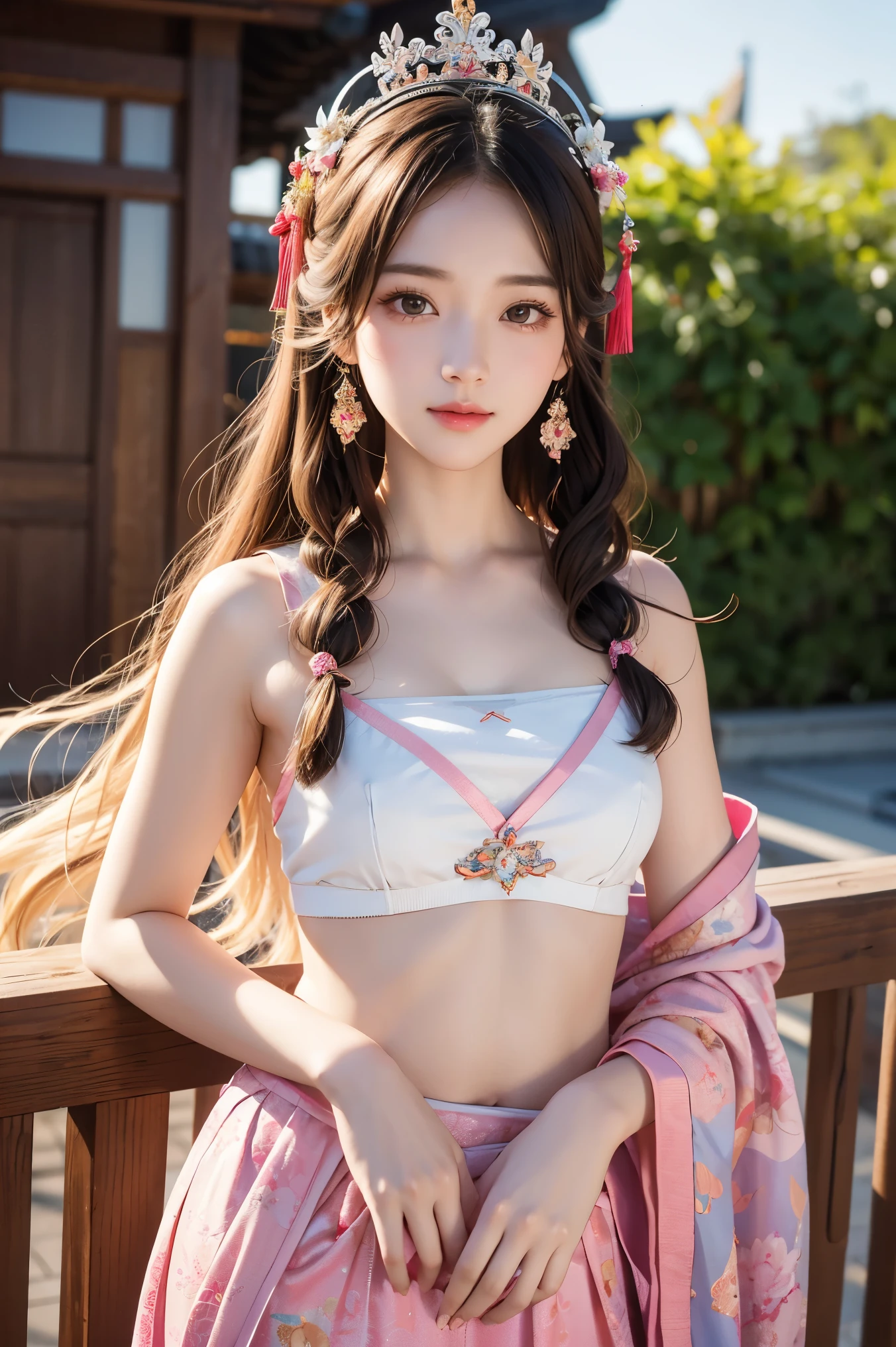 HDR，UHD，8K quality，Pixel detail，Ultra-realistic，18-year-old girl is very beautiful and graceful，Natural Hair，Chinese face，Cute face，Makeup face，pink lipstick，Hair and Makeup。crown，Dunhuang style（Pink Hanfu，Tube top）