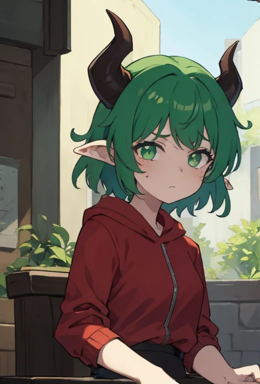 (Superior Quality, Masterpiece: 1.2), 1 girl, horned, animated, green hair, rosy bangs, emerald eyes, horns, purple theme, gazing at the audience, hoodie, leather jacket, red shirt, pointed ears, little devil, solo, wearing a shirt, short curly hair.