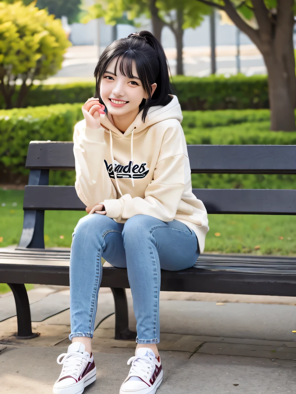 highest quality)), ((masterpiece)), (Get used to it), Perfect Face、((highest quality)), A neat and beautiful woman sitting on a park bench、hoodie、Skinny jeans、sneakers、Black Hair、smile showing teeth、Full body photo、Ear piercing