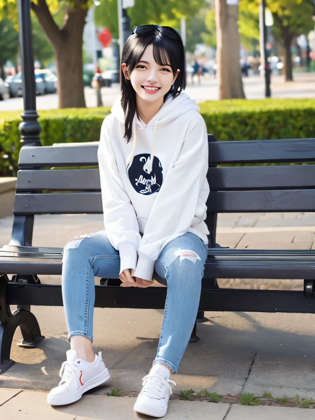 highest quality)), ((masterpiece)), (Get used to it), Perfect Face、((highest quality)), A neat and beautiful woman sitting on a park bench、hoodie、Skinny jeans、sneakers、Black Hair、smile showing teeth、Full body photo、Ear piercing