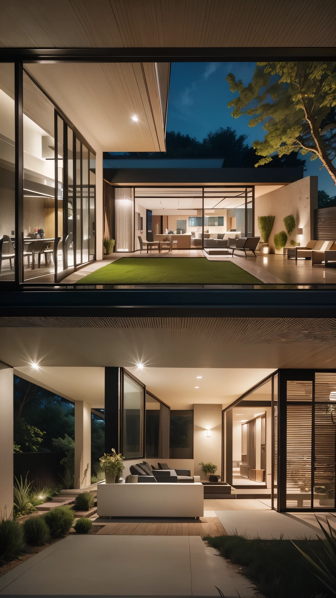 Modern house with luxury finishes and green areas night image