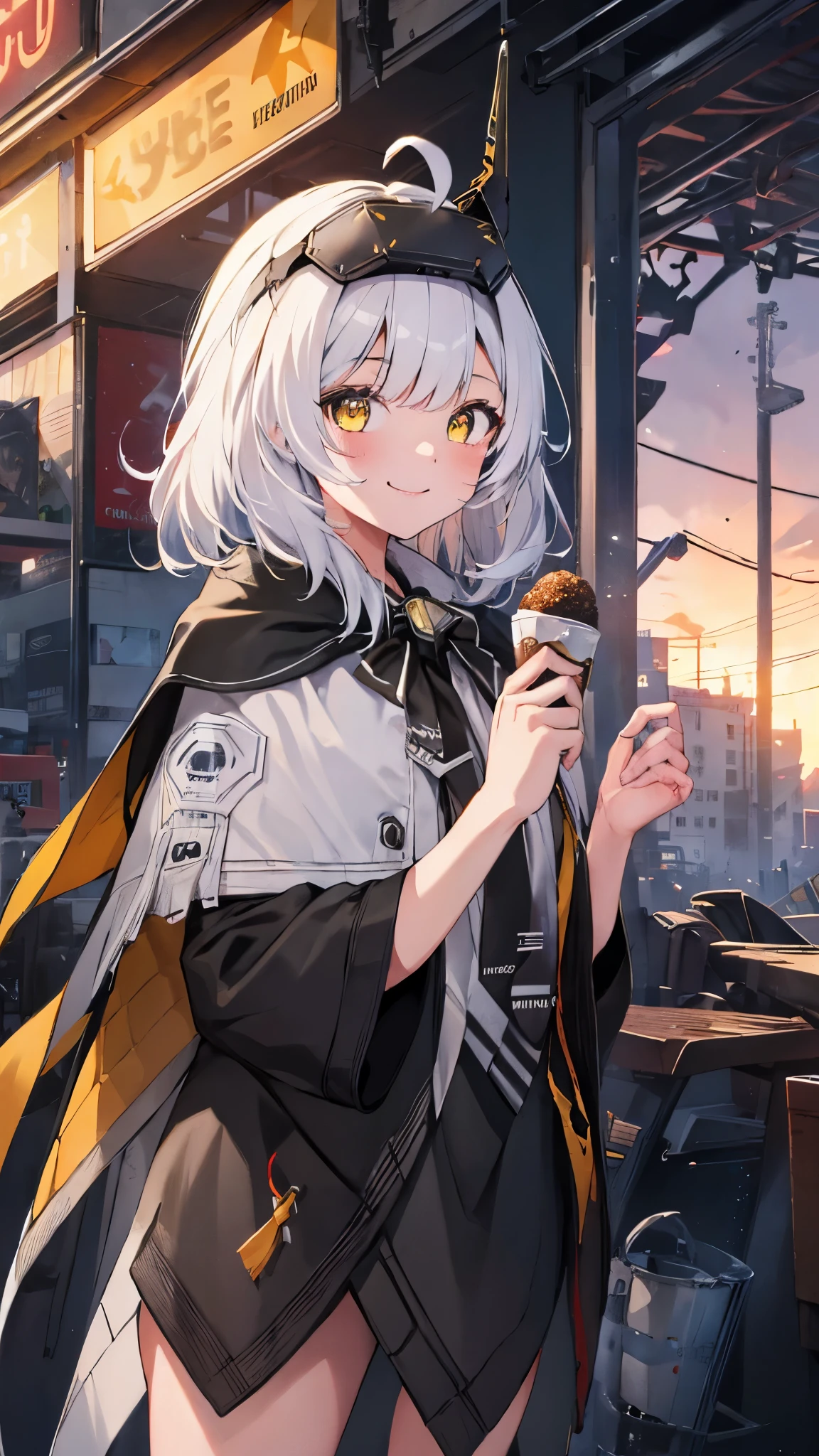 1girl,12 years old,short stature,whitelily,white hair,short hair,ahoge,yellow eyes,headgear,cloak,(black neck ribbon),black skirt,smile,ruins,masterpiece,Noise ,perfect anatomy,high resolution, ultra-detailed,game cg,dutch angle ,beautiful detailed eyes,visualart,five fingers, perfect hands, perfect lighting,