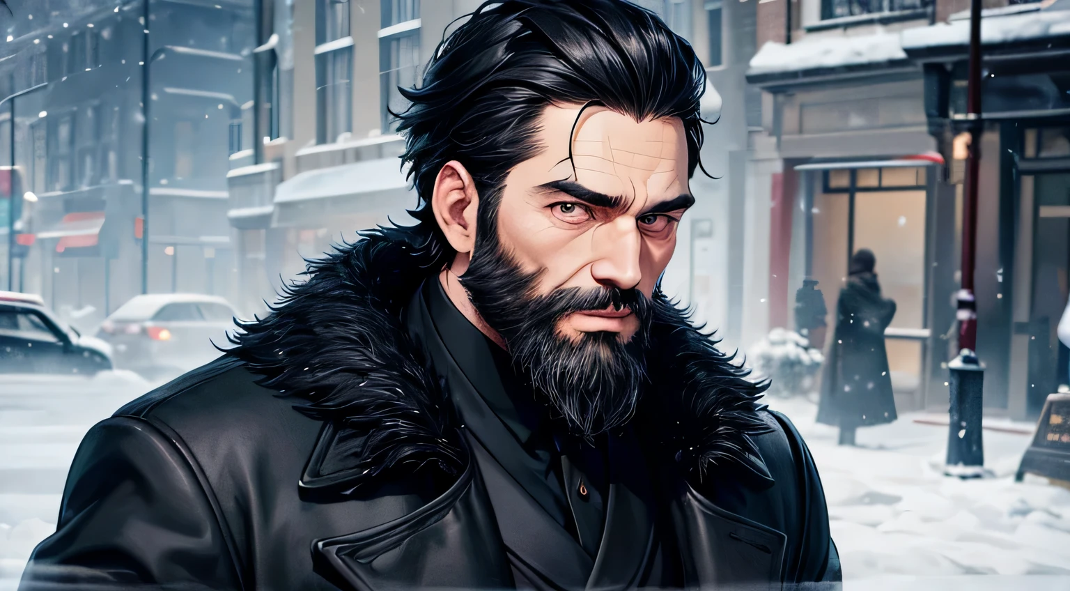 Black long coat　male　middle aged　Beard　Black Hair　Short Hair　midnight　Cute Face　Detailed facial expression depiction　Detailed facial depiction　Detailed hair depiction　Detailed depiction of clothing　It&#39;s snowing　bustling street