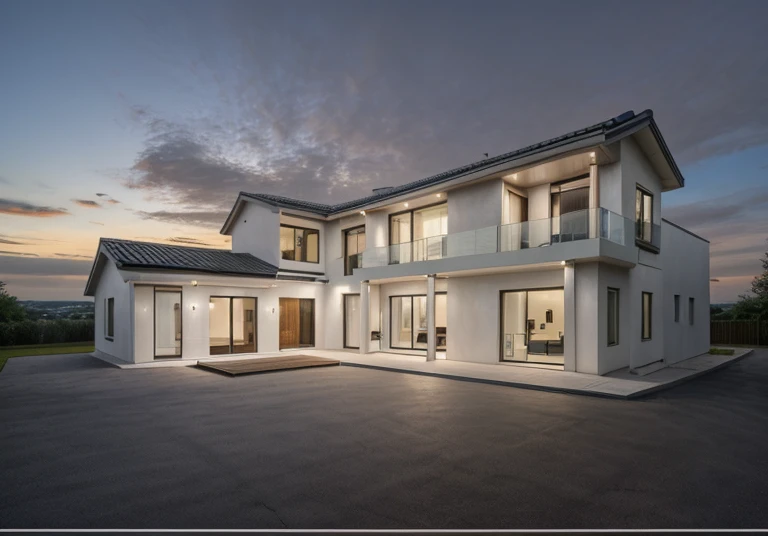 exterior house, contemporary style, white wall, wood wall, wood door, glass window, (realistic:1.2), Masterpiece, high quality, best quality, authentic, super detail, outdoors,road,pavement, grass, trees, sky, cloud, (daylight:1.1)