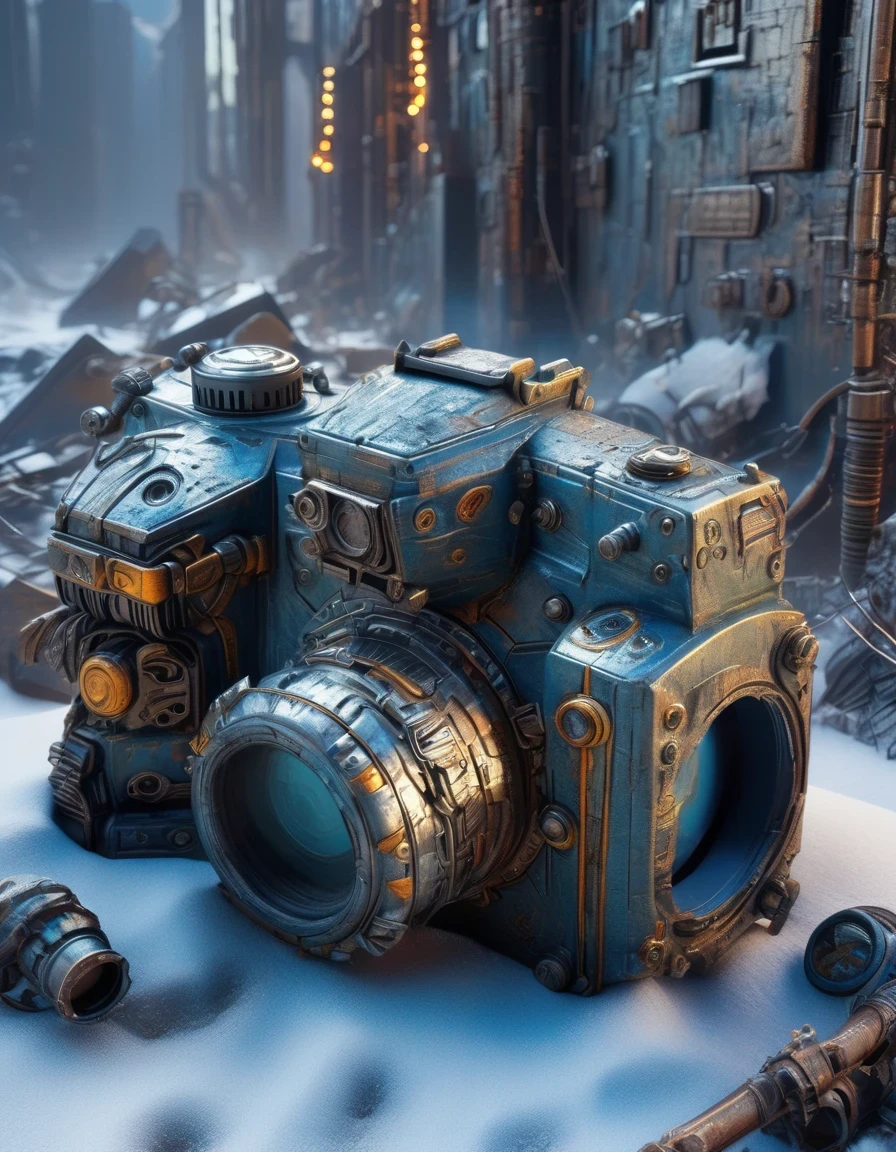 in style of Eugene Galien-Laloue,Wasteland of Doom,(The extremely beautiful and powerful heroine in the doomsday world is holding a gun:1.1),Mecha Clothing,Short blue hair,Beautiful Asian face,mechanical, Glass mask passes light through, Delicate skin texture, Determined gaze,(Blizzard, heavy snow:1.3),The broken eaves and broken walls are everywhere, and the scene is desolate.。In a post-apocalyptic environment,Regardless of appearance or practicality,Everything is for survival,Exaggeration in appearance,Can make enemies feel fear。Many items are basically worn out.,Rust,The form of splicing,Add splash graffiti to create the environment of a wasteland world。Elements such as neon lights will often appear in the doomsday wasteland.。The most important point is that the wasteland world is a world after the collapse of technological civilization.,Productivity setbacks,Material resources are extremely scarce,UHD, masterpiece, textured skin, high details, high quality, award winning, best quality, highres, 16k, Science fiction film,full of fantasyfantastical ideas,by van gogh,Big roundspaceship,Doomsday, wasteland style,hd,8k