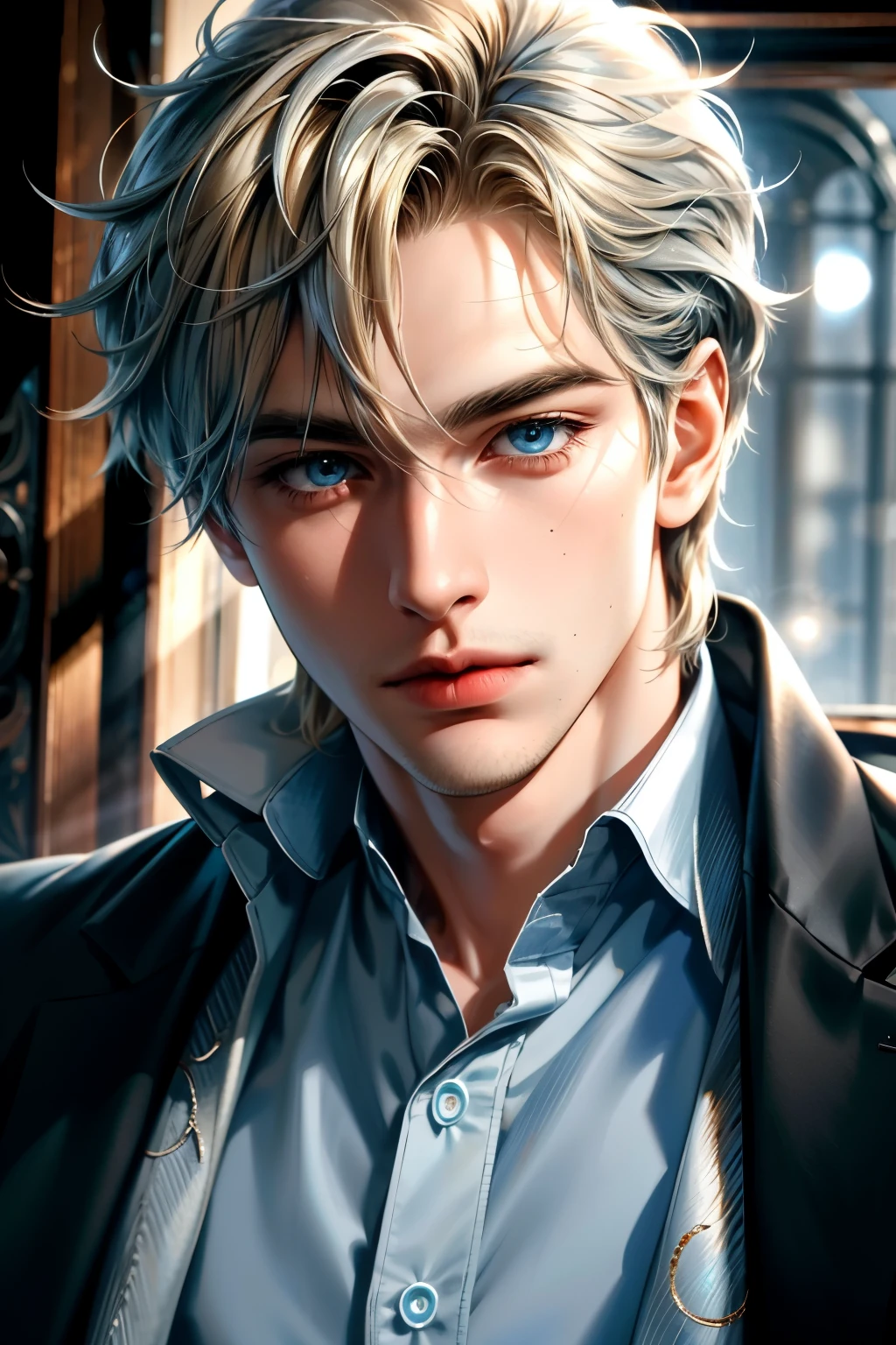 high quality, 8k, Ultra detailed, hdr, studio light, Masterpiece, Portrait of a standing man, Handsome face, Focus on your audience, young boy, head to feet,blondy hair, azure big beautiful blue eyes, closed mouth, silver jewelry, natural light, messy hair, dynamic pose realistic, detailed and correct facial structure