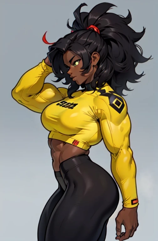 1girl very dark skin, black people skin, dark brown/redish skin muscular toned body black hair, afro, puffy hair yellow eyes huge muscles leggings muscles simple background ((from side)) breasts